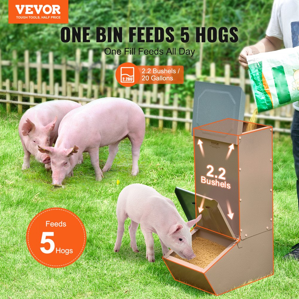VEVOR Hog Feeder 2.2 Bushel Metal Double Door Pig Feeder Feeding up to 5 Hogs 