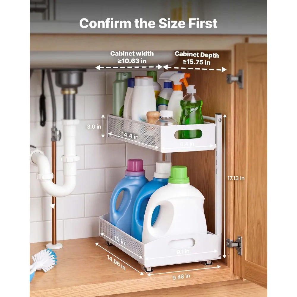 Under Sink Organizer 2-Pack – 2-Tier Pull-Out Cabinet Storage, Adjustable Height, White