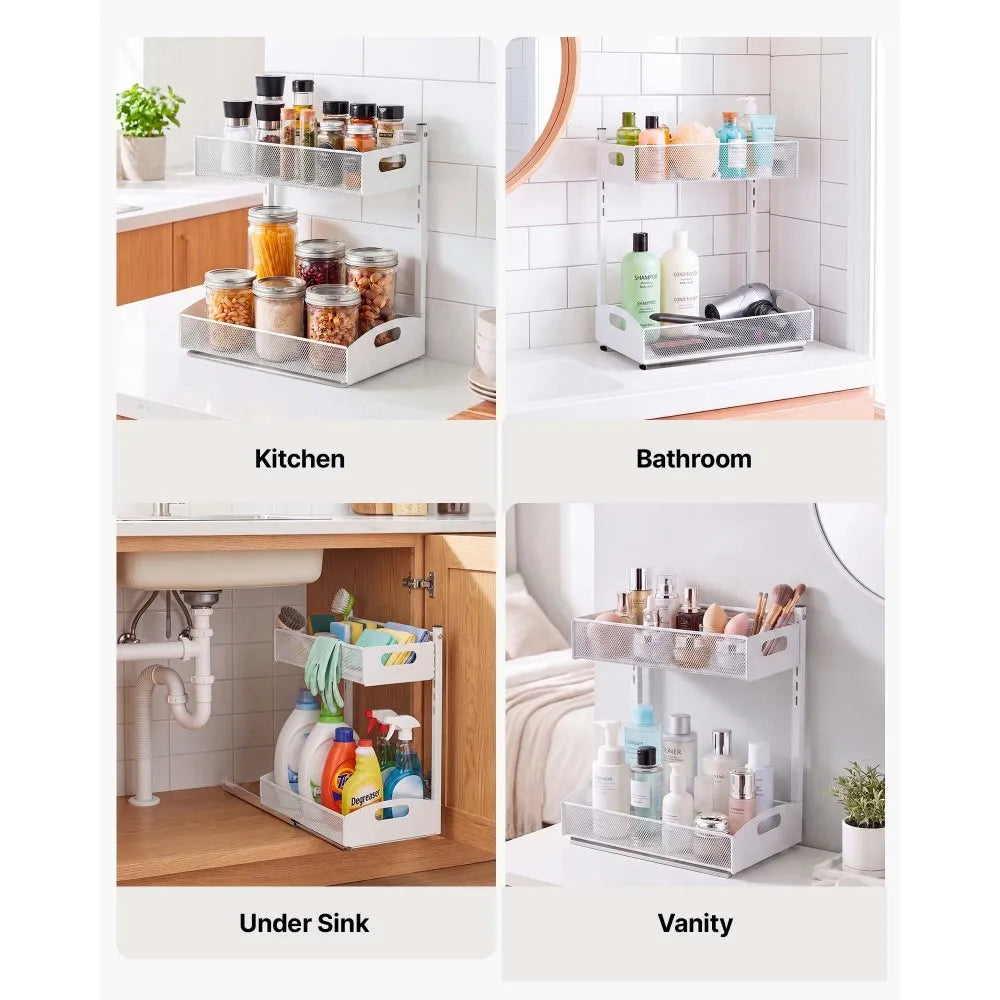 Under Sink Organizer 2-Pack – 2-Tier Pull-Out Cabinet Storage, Adjustable Height, White
