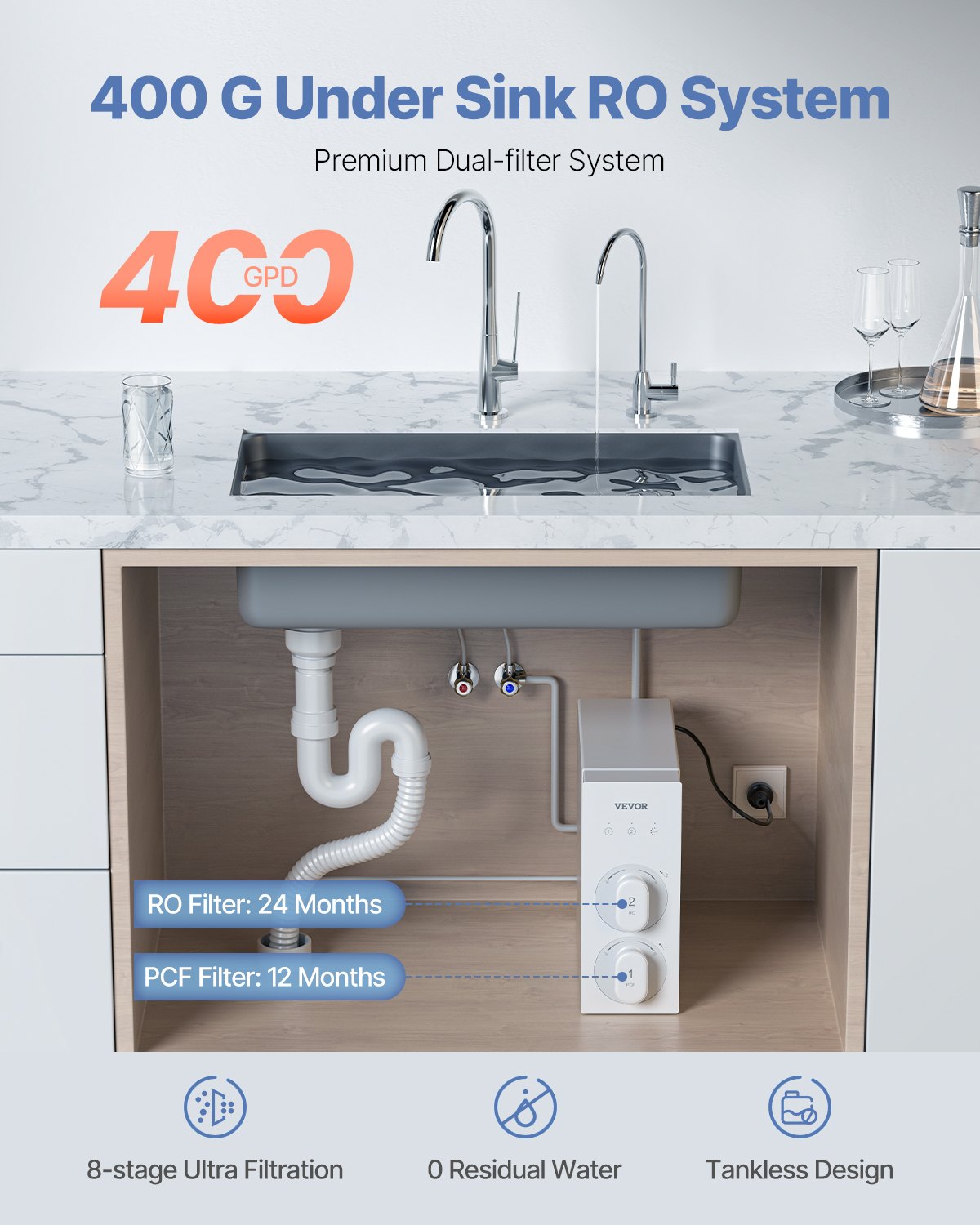 VEVOR Reverse Osmosis System 400 GPD 8-stage Tankless Under Sink Water Filter 