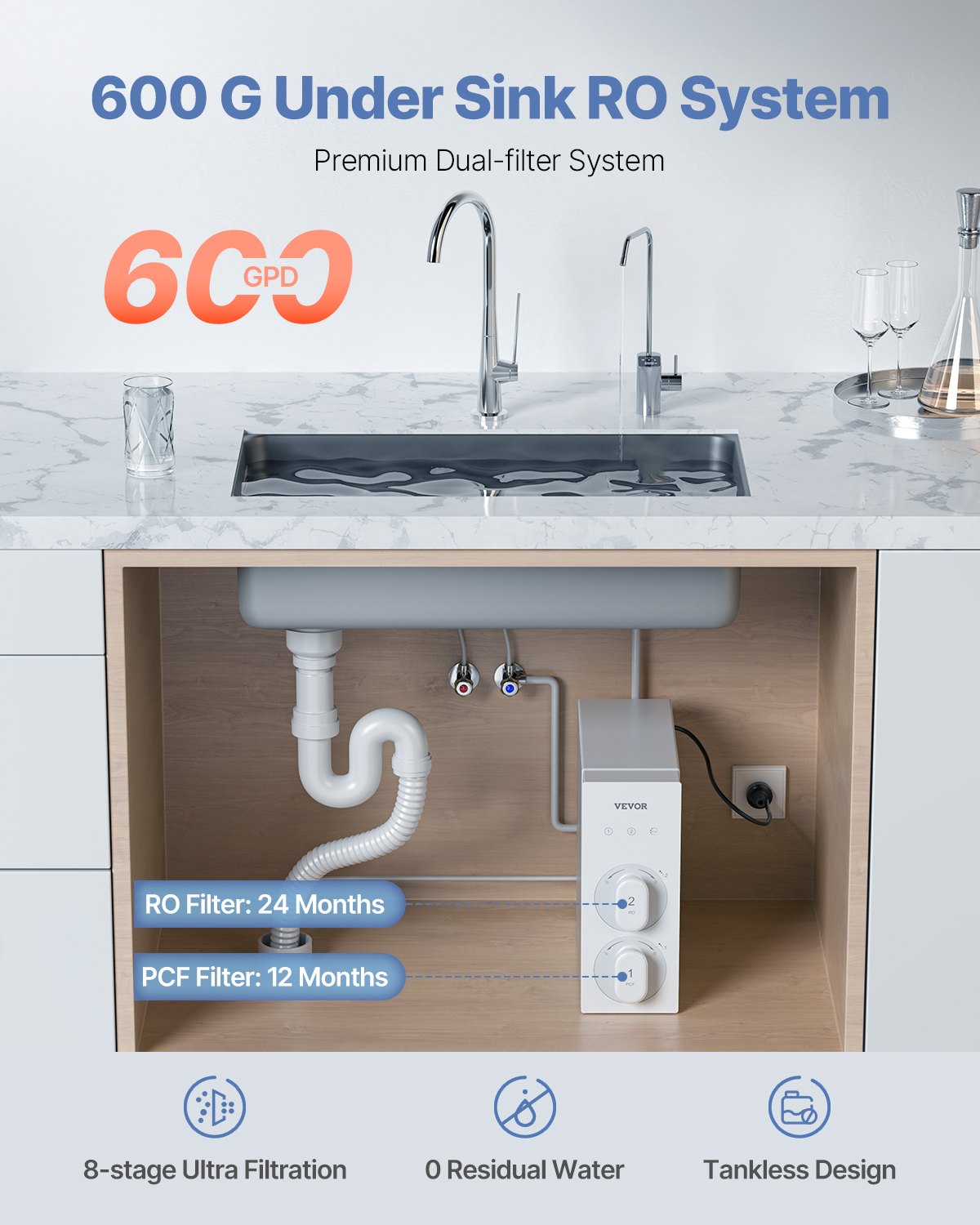VEVOR Reverse Osmosis System 600 GPD 8-stage Tankless Under Sink Water Filter 