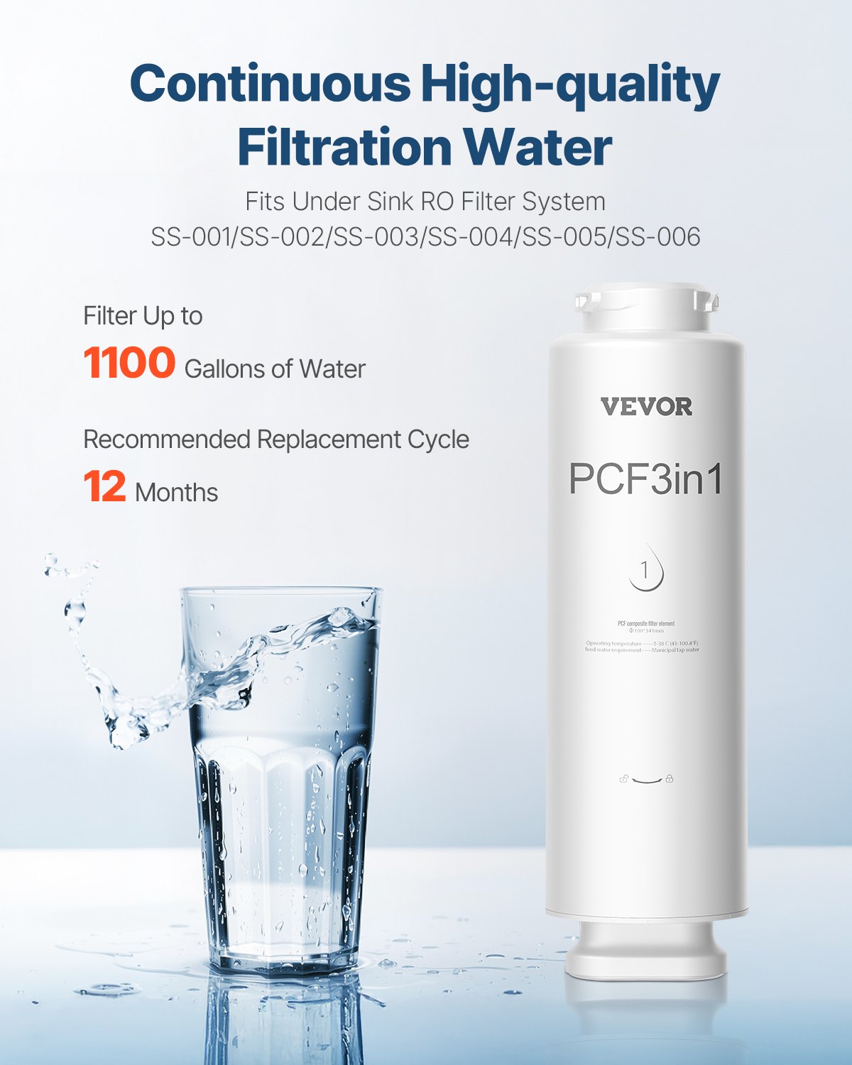 VEVOR PCF Composite Filter Replace for SS-001/003/005 Under Sink Water Filter 