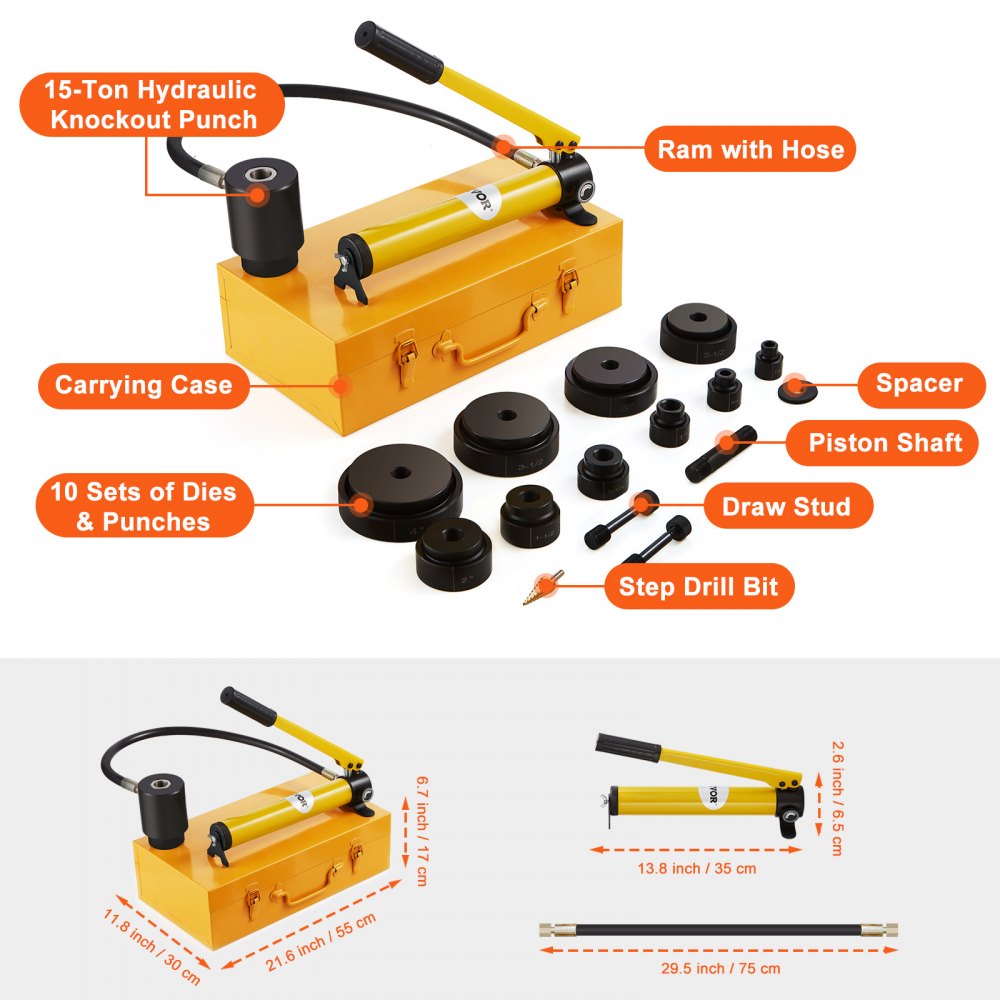 VEVOR 15 Ton Hydraulic Knockout Punch Driver Kit Hole Tool 1/2"-4" with 10 Dies 