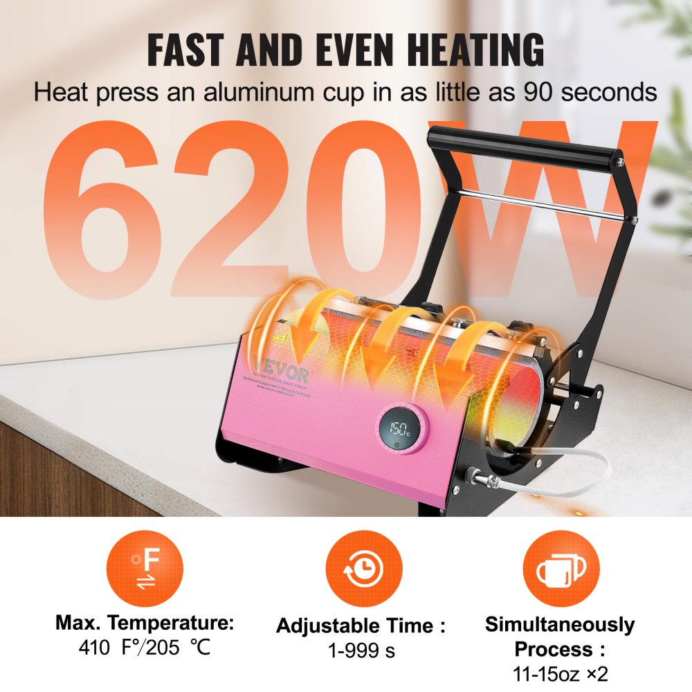 VEVOR Mug Heat Press, 11-30oz Tumbler Heat Press Machine, Sublimation Transfer Straight Skinny Tumblers, Cup Heat Press with Heat-resist Gloves & Tape, DIY Ceramic Mugs Cups Glasses, As Gift, Pink 