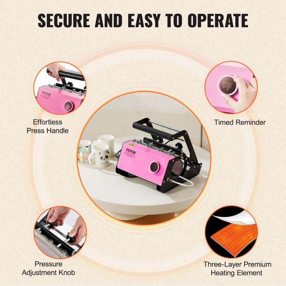 VEVOR Mug Heat Press, 11-30oz Tumbler Heat Press Machine, Sublimation Transfer Straight Skinny Tumblers, Cup Heat Press with Heat-resist Gloves & Tape, DIY Ceramic Mugs Cups Glasses, As Gift, Pink 