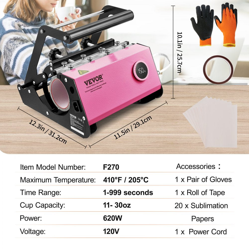 VEVOR Mug Heat Press, 11-30oz Tumbler Heat Press Machine, Sublimation Transfer Straight Skinny Tumblers, Cup Heat Press with Heat-resist Gloves & Tape, DIY Ceramic Mugs Cups Glasses, As Gift, Pink 