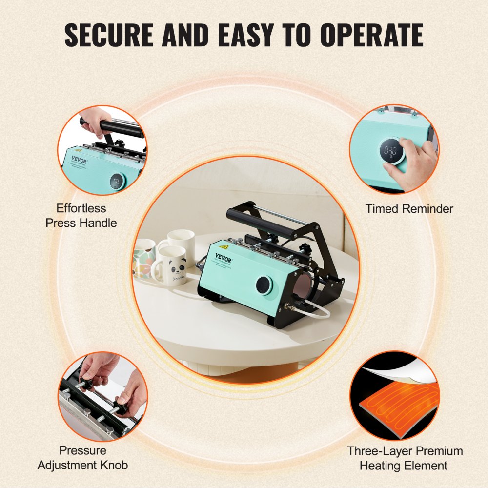 VEVOR Mug Heat Press, 11-30oz Tumbler Heat Press Machine, Sublimation Transfer Straight Skinny Tumblers, Cup Heat Press with Heat-resist Gloves & Tape, DIY Ceramic Mugs Cups Glasses, As Gift, Green 