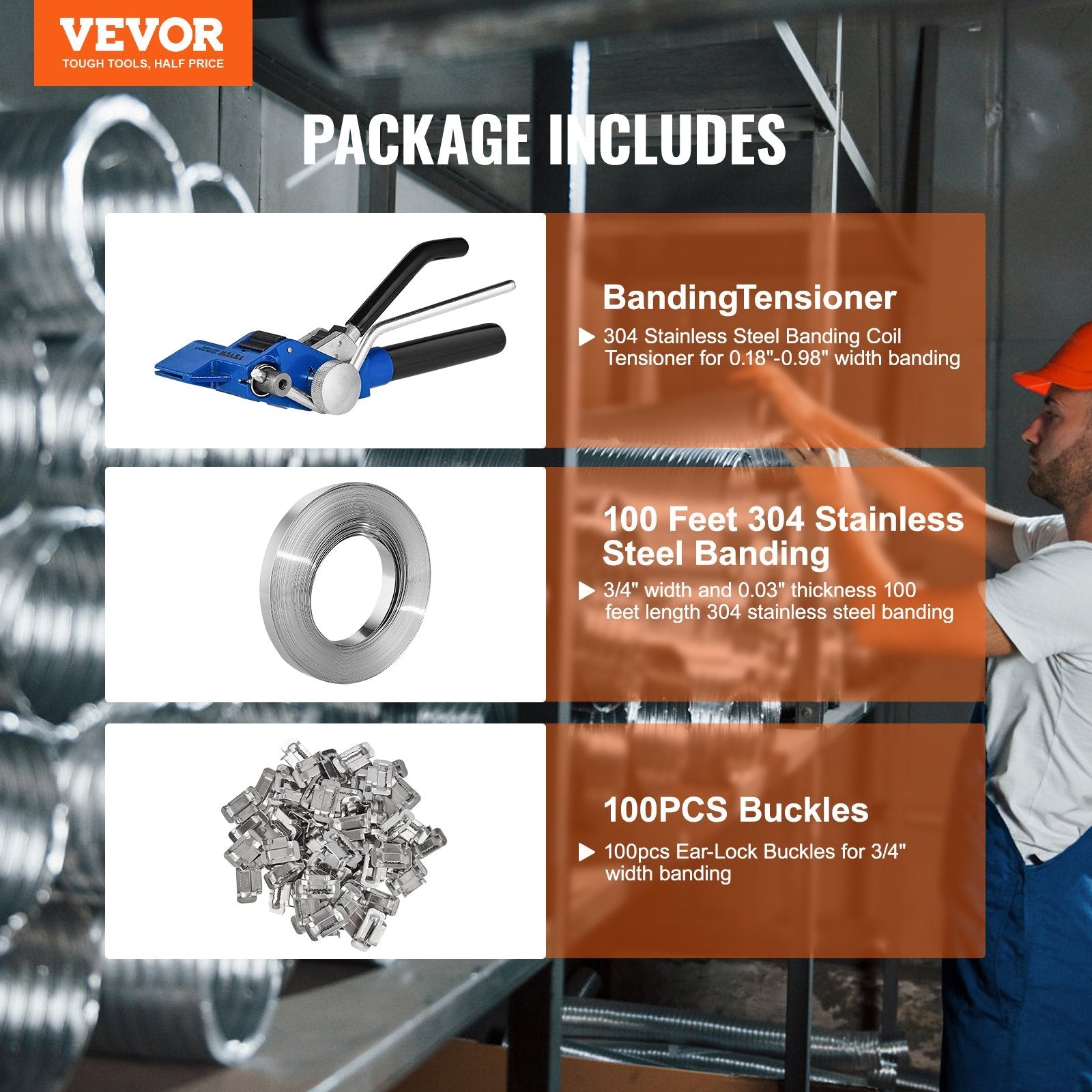 VEVOR Banding Strapping Kit with Strapping Tensioner Tool, 100 ft Length 304 Stainless Steel Banding, 100 Metal Seals, Pallet Packaging Strapping Banding Kit, Banding Packaging Strapping for Packing 