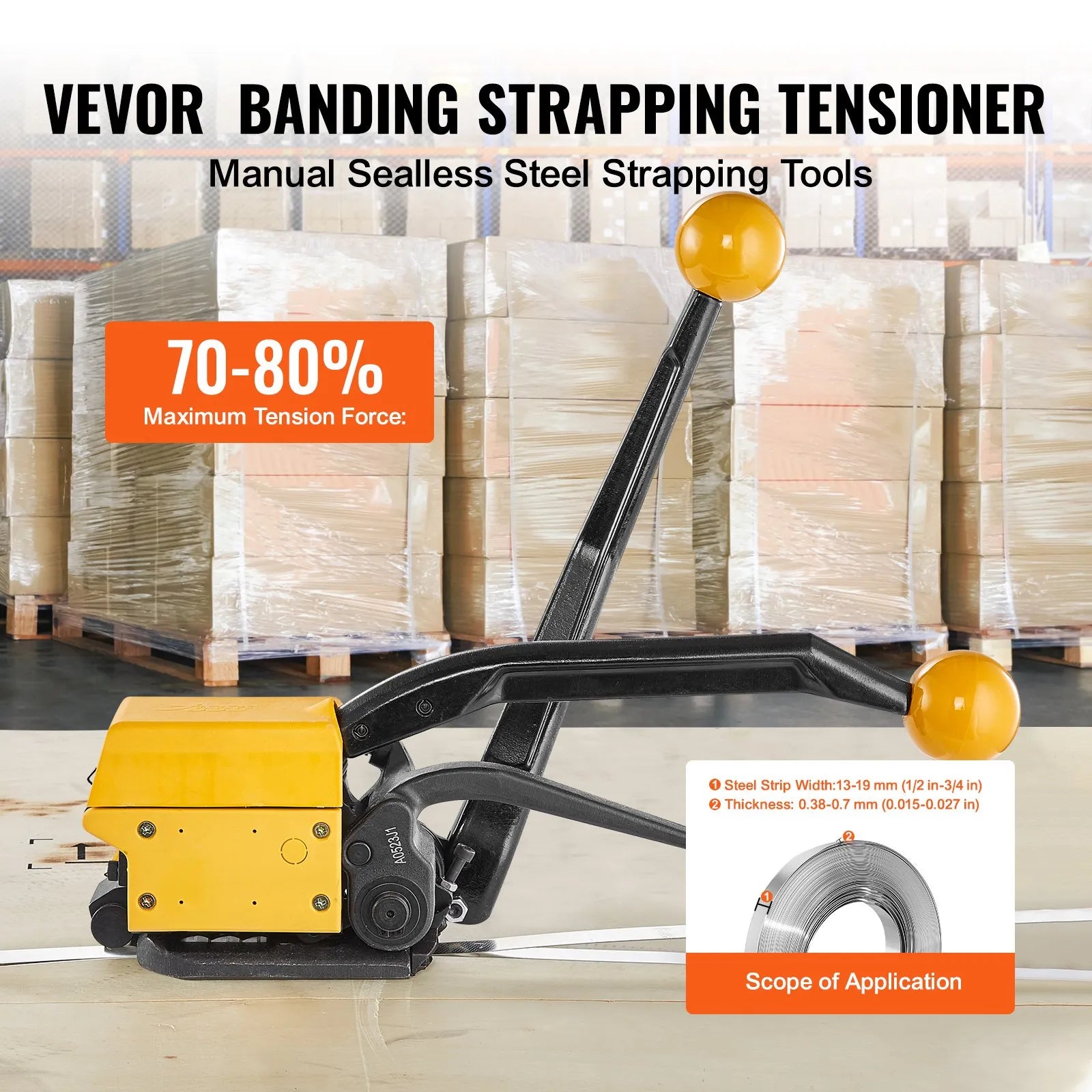 VEVOR Steel Strapping Tool for 1/2"-3/4" Width, 3-in-1 (Tensioner, Crimper, Cutter) Manual Belt Packaging Banding Machine Packaging Metal Steel Strapping Banding Tool Machine for Stainless Steel Strap