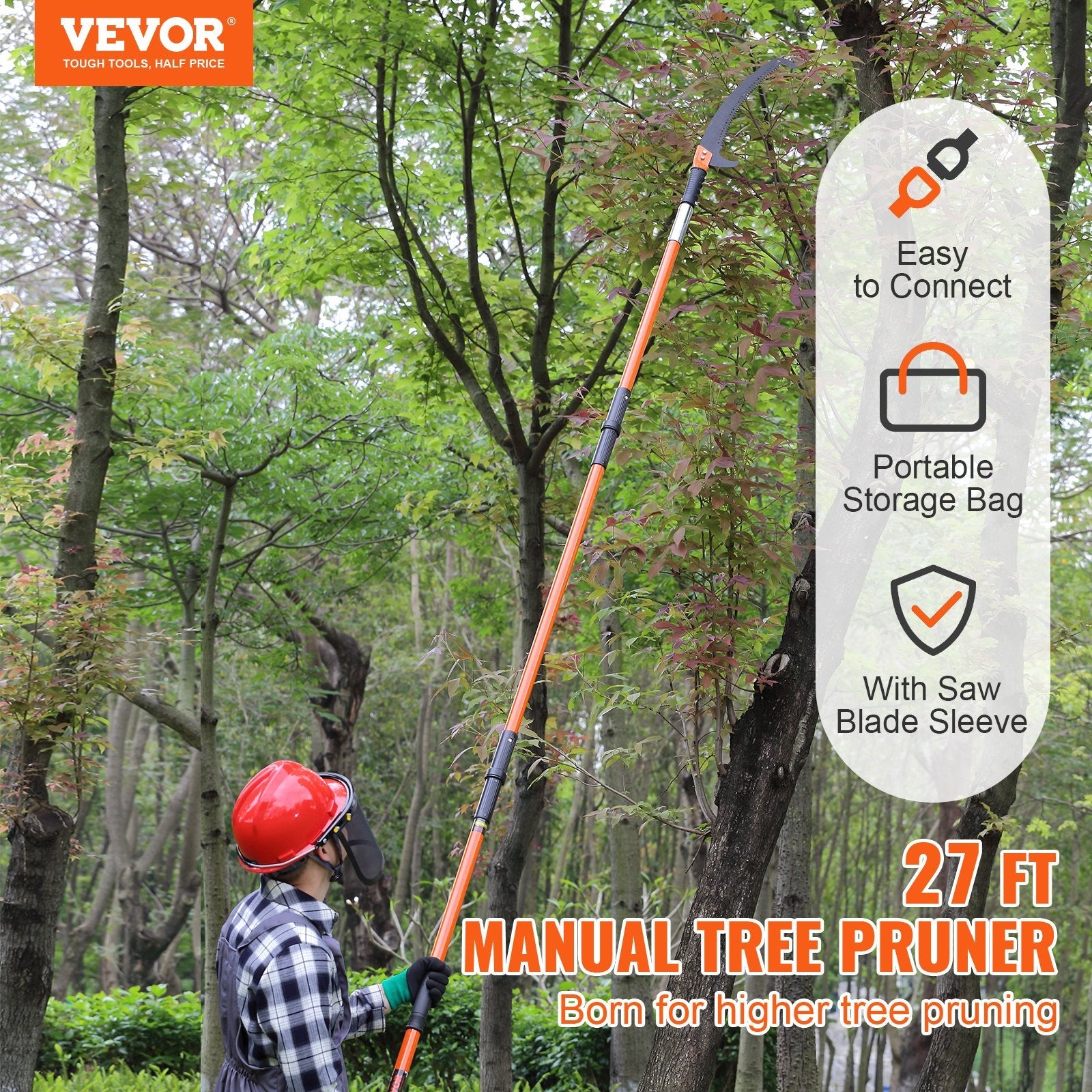 VEVOR Manual Pole Saw, 7.3-27 ft Extendable Tree Pruner, Sharp Steel Blade High Branches Trimming, Manual Branch Trimmer with Lightweight 8 Fiberglass Handles, for Pruning Palms and Shrubs 