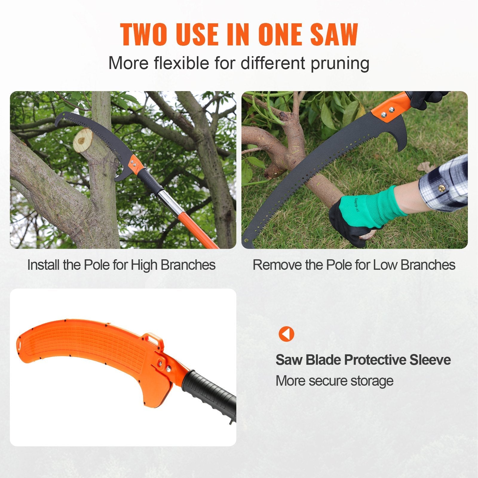 VEVOR Manual Pole Saw, 7.3-27 ft Extendable Tree Pruner, Sharp Steel Blade High Branches Trimming, Manual Branch Trimmer with Lightweight 8 Fiberglass Handles, for Pruning Palms and Shrubs 