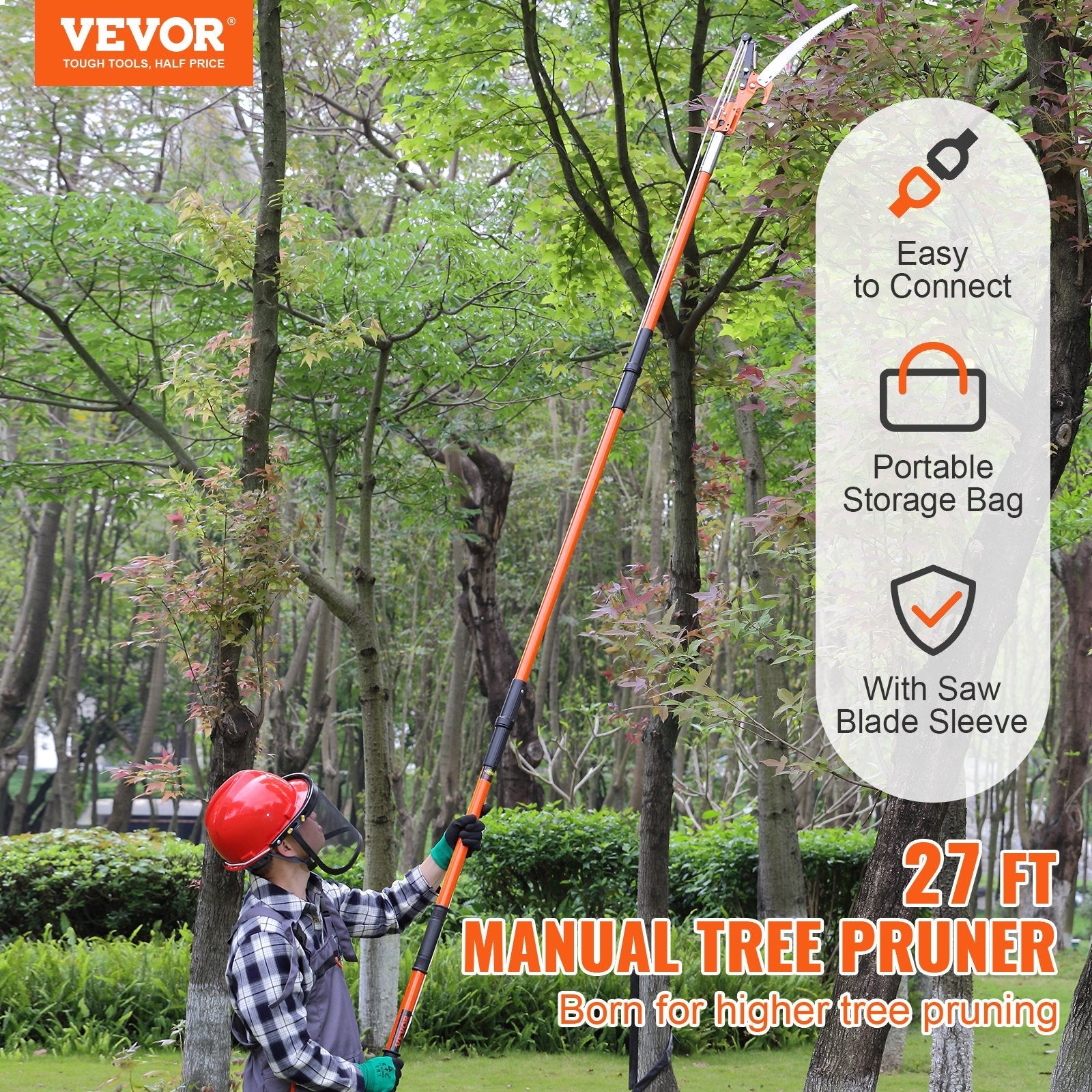 VEVOR Manual Pole Saw, 7.3-27 ft Extendable Tree Pruner, Sharp Steel Blade and Scissors High Branches Trimming, Branch Trimmer with Lightweight 8 Fiberglass Handles, for Pruning Palms and Shrubs 