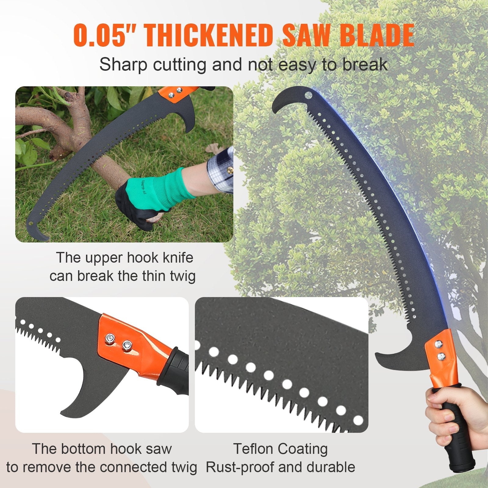 VEVOR Manual Pole Saw, 7.3-27 ft Extendable Tree Pruner, Sharp Steel Blade and Scissors High Branches Trimming, Branch Trimmer with Lightweight 8 Fiberglass Handles, for Pruning Palms and Shrubs 
