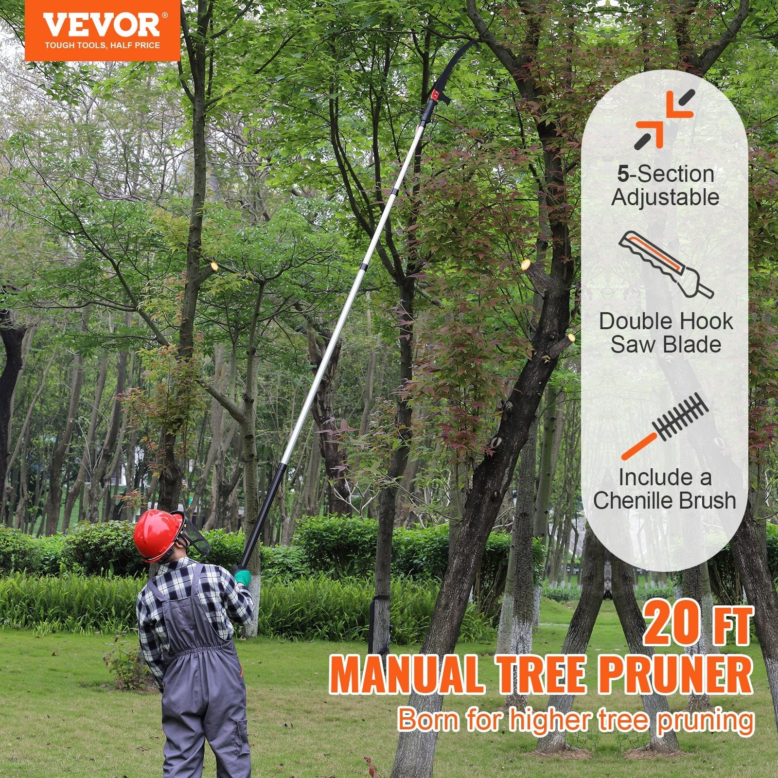 VEVOR Manual Pole Saw Extendable Tree Pruner 4.9-20 ft Aluminum Alloy Pole 