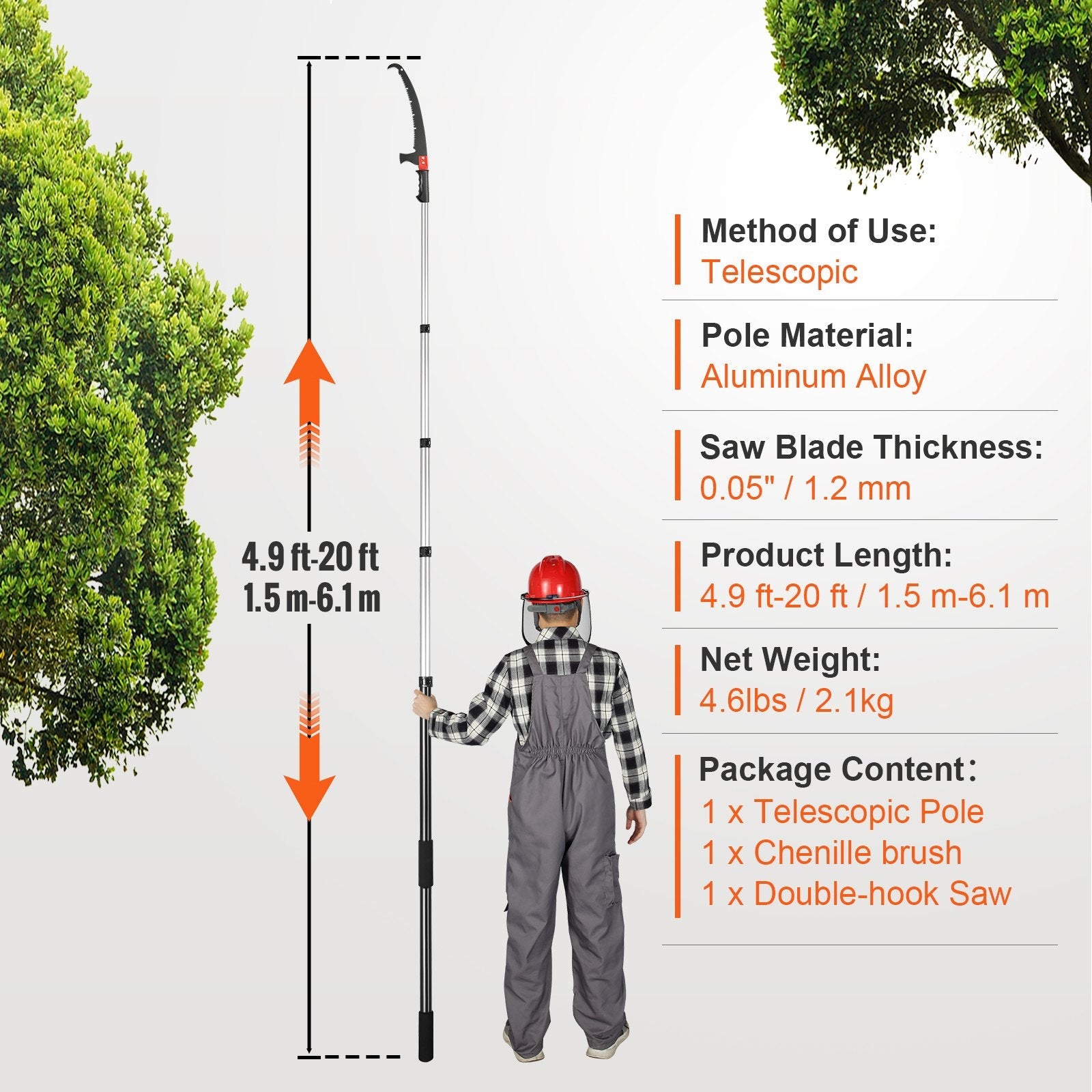 VEVOR Manual Pole Saw Extendable Tree Pruner 4.9-20 ft Aluminum Alloy Pole 