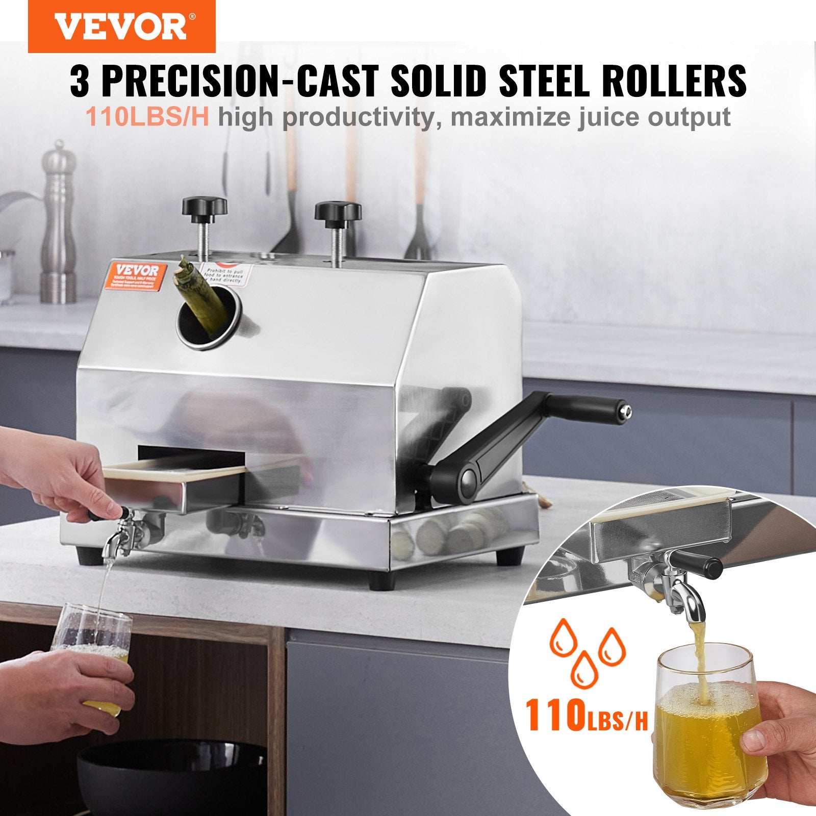 VEVOR Commercial Sugar Cane Juicer, 110LBS/H High Output Sugarcane Juicer Machine with 3 Stainless Steel Rollers, 2.4" Large Inlet, Manual Sugarcane Juice Extractor Squeezer for Home/Commercial Use 