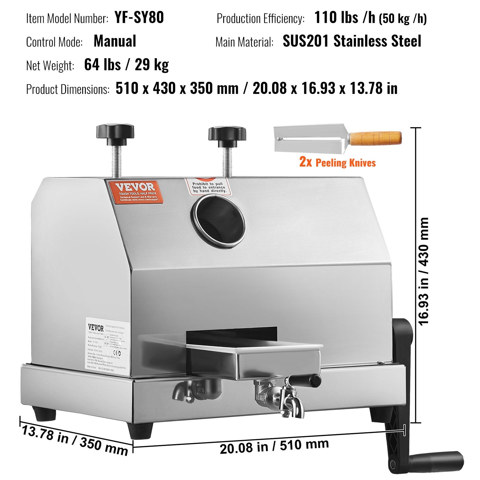 VEVOR Commercial Sugar Cane Juicer, 110LBS/H High Output Sugarcane Juicer Machine with 3 Stainless Steel Rollers, 2.4" Large Inlet, Manual Sugarcane Juice Extractor Squeezer for Home/Commercial Use 