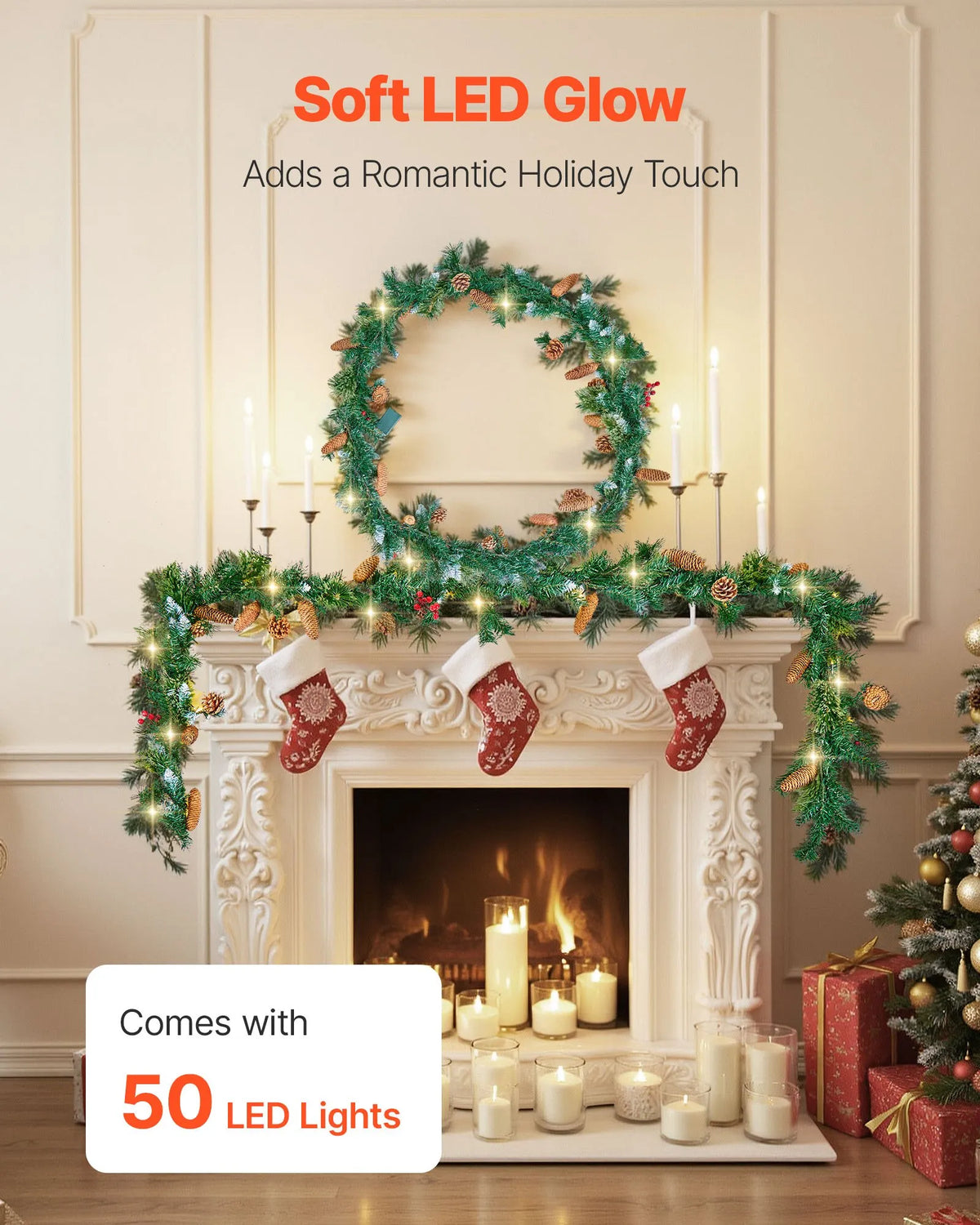 VEVOR 9-Ft Christmas Garland with 50 LED Lights, Artificial Pine Garland with Pine Cones and Berry Clusters for Mantel, Fireplace and Doorway
