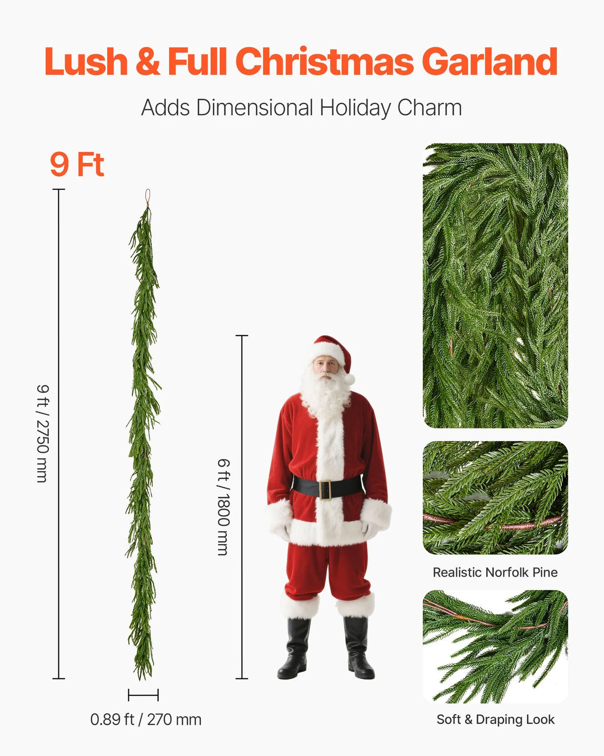 VEVOR 9-Ft Christmas Garland, Realistic Norfolk Pine Artificial Evergreen Greenery for Indoor and Outdoor Holiday Decor