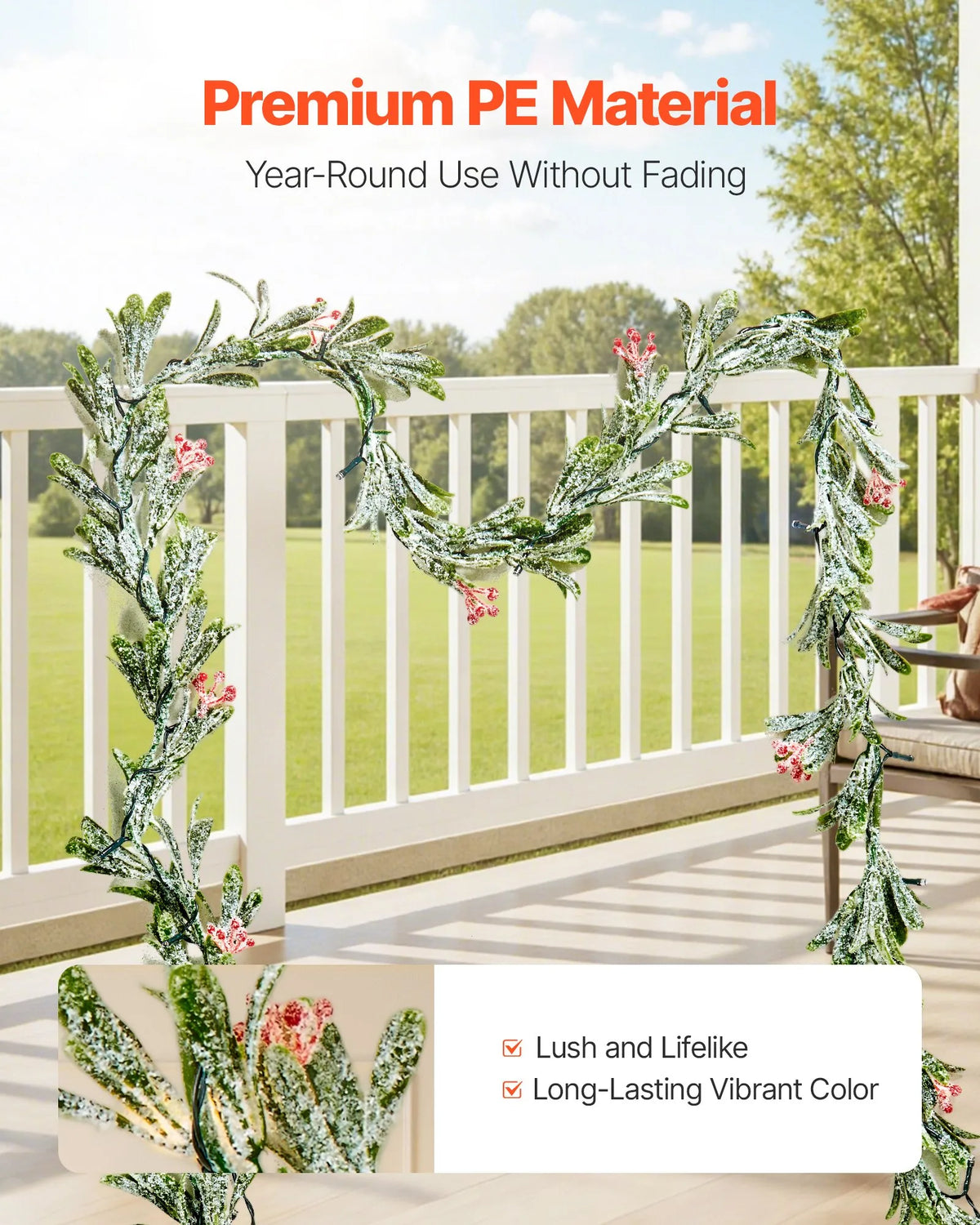 VEVOR 6.6-Ft Christmas Garland with 20 LED Lights, Artificial Greenery with Olive Leaves, Vines and Red Berries for Mantel and Fireplace