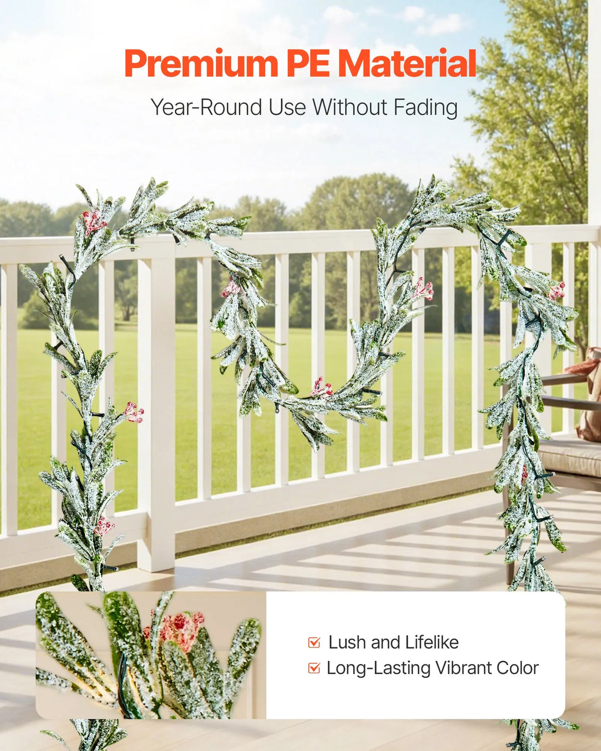 VEVOR 9-Ft Christmas Garland with 30 LED Lights, Artificial Greenery with Olive Leaves, Vines and Red Berries for Mantel and Fireplace
