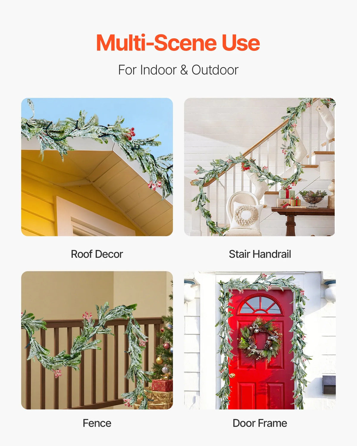 VEVOR 9-Ft Christmas Garland with 30 LED Lights, Artificial Greenery with Olive Leaves, Vines and Red Berries for Mantel and Fireplace