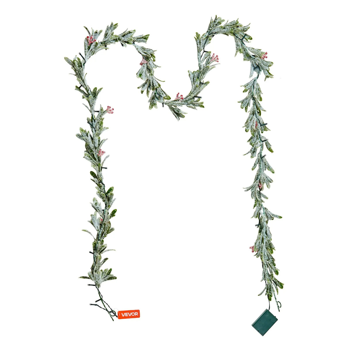 VEVOR 9-Ft Christmas Garland with 30 LED Lights, Artificial Greenery with Olive Leaves, Vines and Red Berries for Mantel and Fireplace