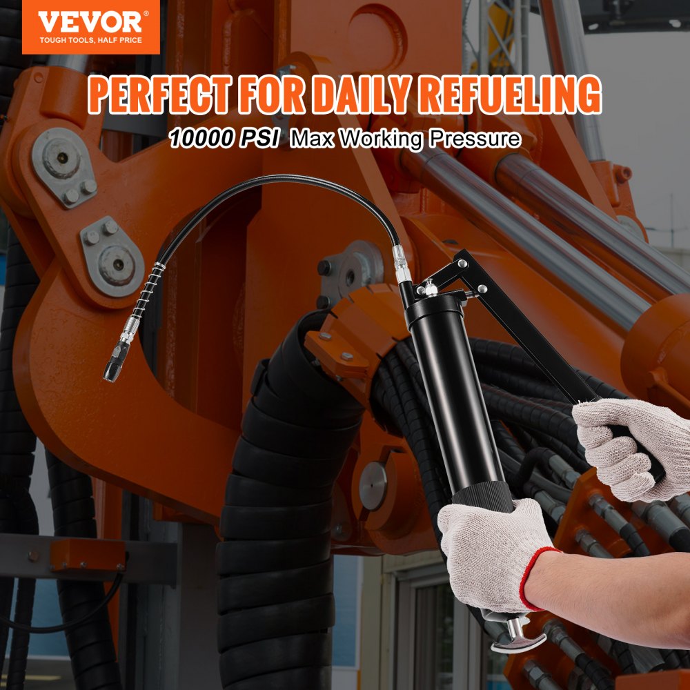 VEVOR Grease Gun, 10000 PSI Max. Working Pressure, 20 OZ / 600 CC Capacity Heavy Duty Lever Action Grease Gun Kit, Includes 18.5 Inch Flexible Hose, 2 Black Flat Couplers, and 1 Straight Metal Pipes 