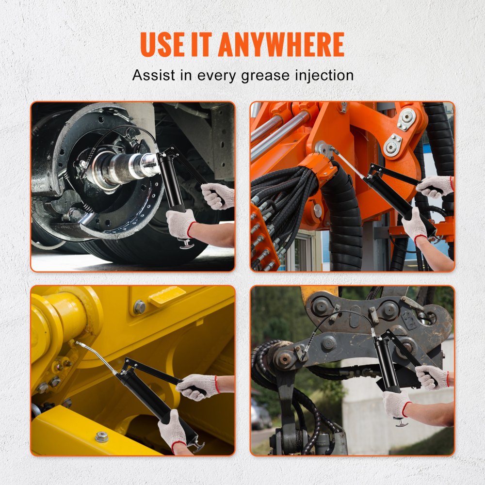 VEVOR Grease Gun, 10000 PSI Max. Working Pressure, 20 OZ / 600 CC Capacity Heavy Duty Lever Action Grease Gun Kit, Includes 18.5 Inch Flexible Hose, 2 Black Flat Couplers, and 1 Straight Metal Pipes 