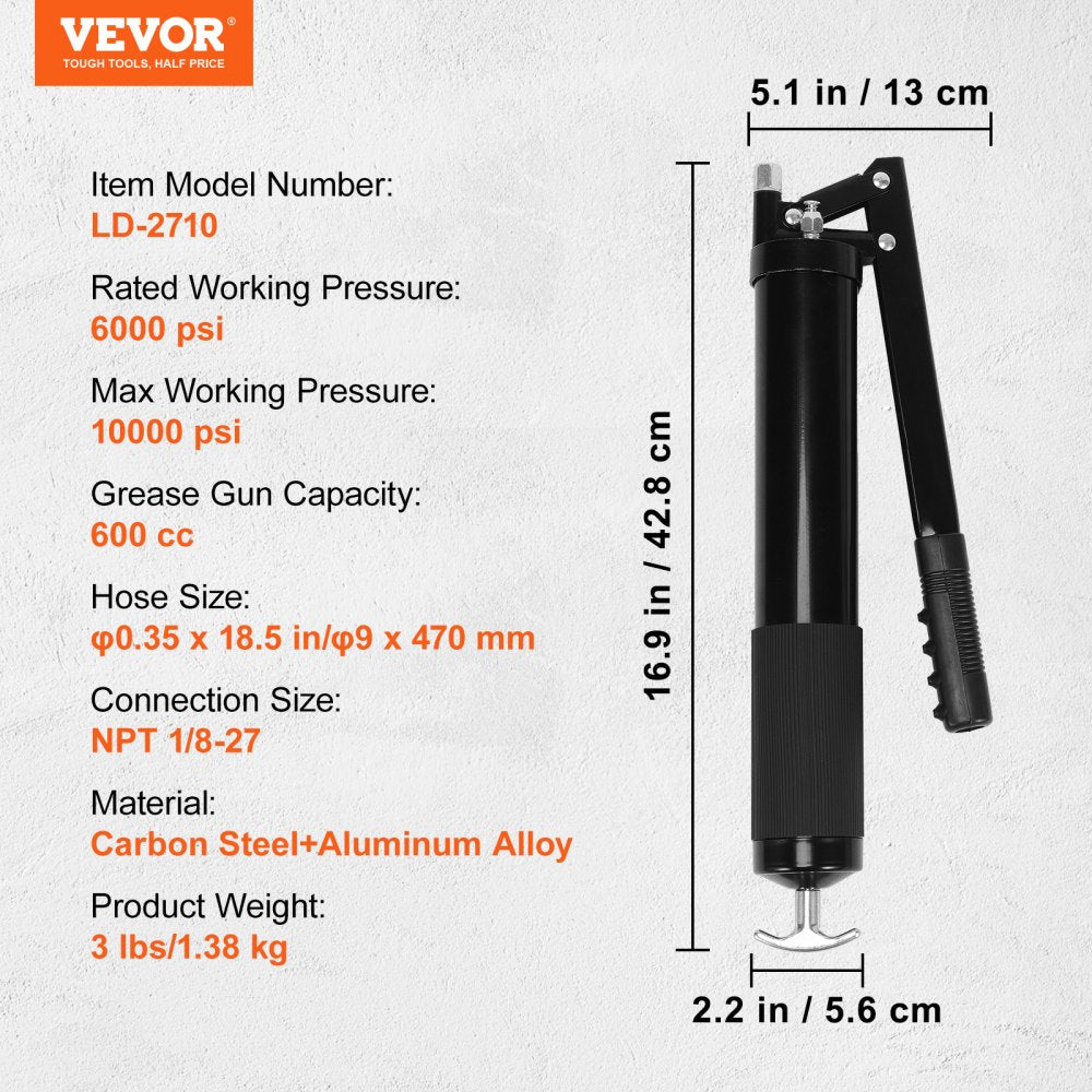 VEVOR Grease Gun, 10000 PSI Max. Working Pressure, 20 OZ / 600 CC Capacity Heavy Duty Lever Action Grease Gun Kit, Includes 18.5 Inch Flexible Hose, 2 Black Flat Couplers, and 1 Straight Metal Pipes 