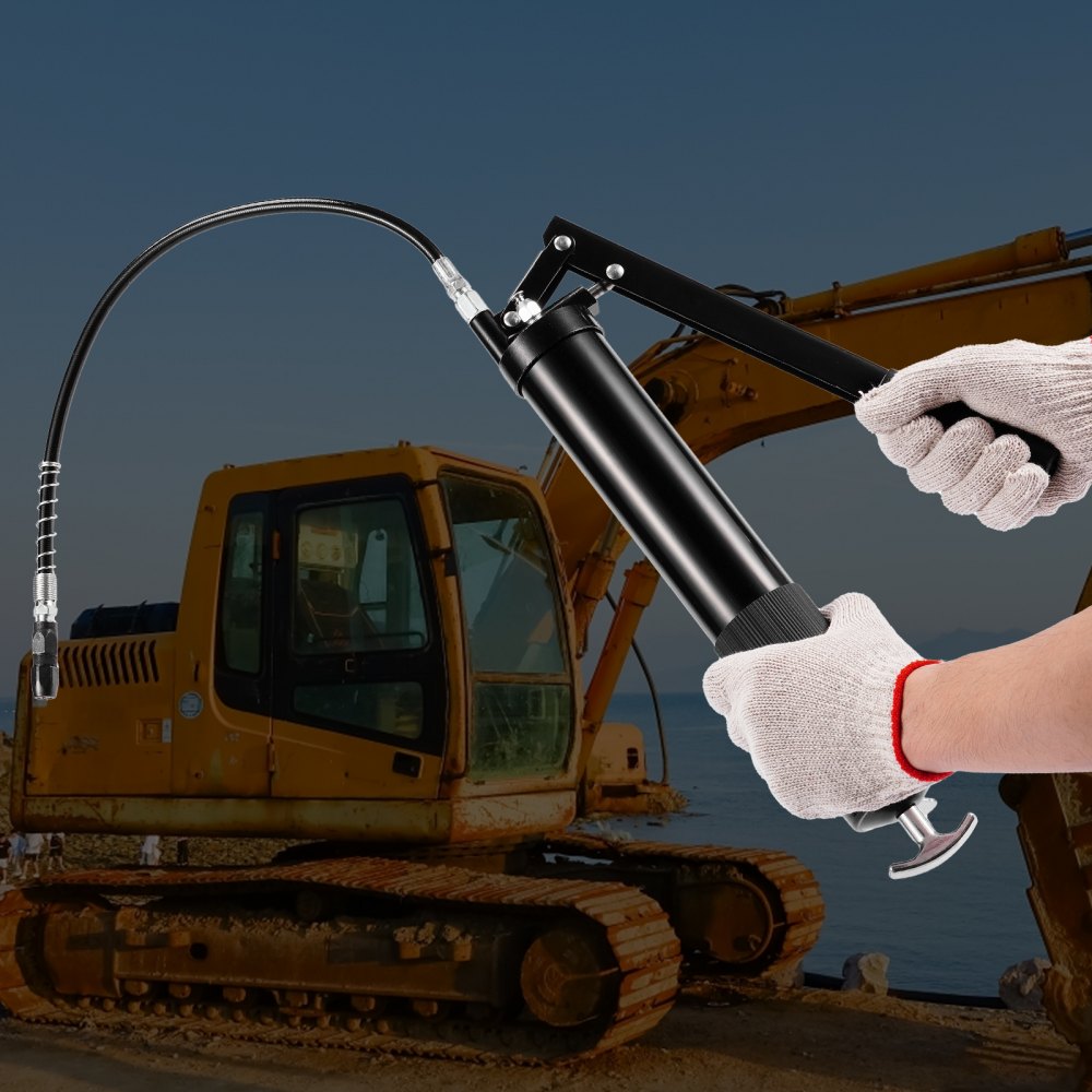 VEVOR Grease Gun, 10000 PSI Max. Working Pressure, 20 OZ / 600 CC Capacity Heavy Duty Lever Action Grease Gun Kit, Includes 18.5 Inch Flexible Hose, 2 Black Flat Couplers, and 1 Straight Metal Pipes 