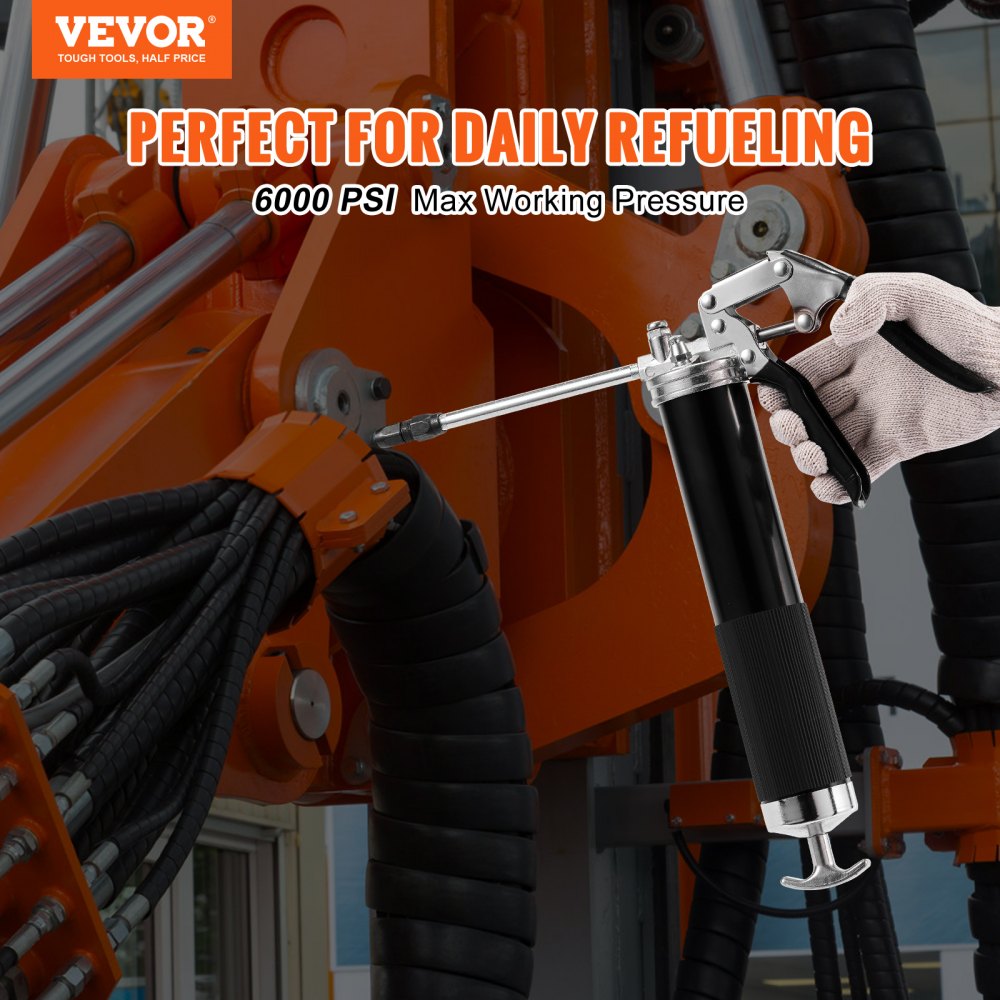 VEVOR Pistol Grip Grease Gun, 6000 PSI, 14 OZ / 400 CC Capacity Heavy Duty Professional Grease Gun, with 19.69 Inch Flexible Hose 2 Black Flat Couplers, 1 Pointed Coupler, and 2 Rigid Metal Pipe 