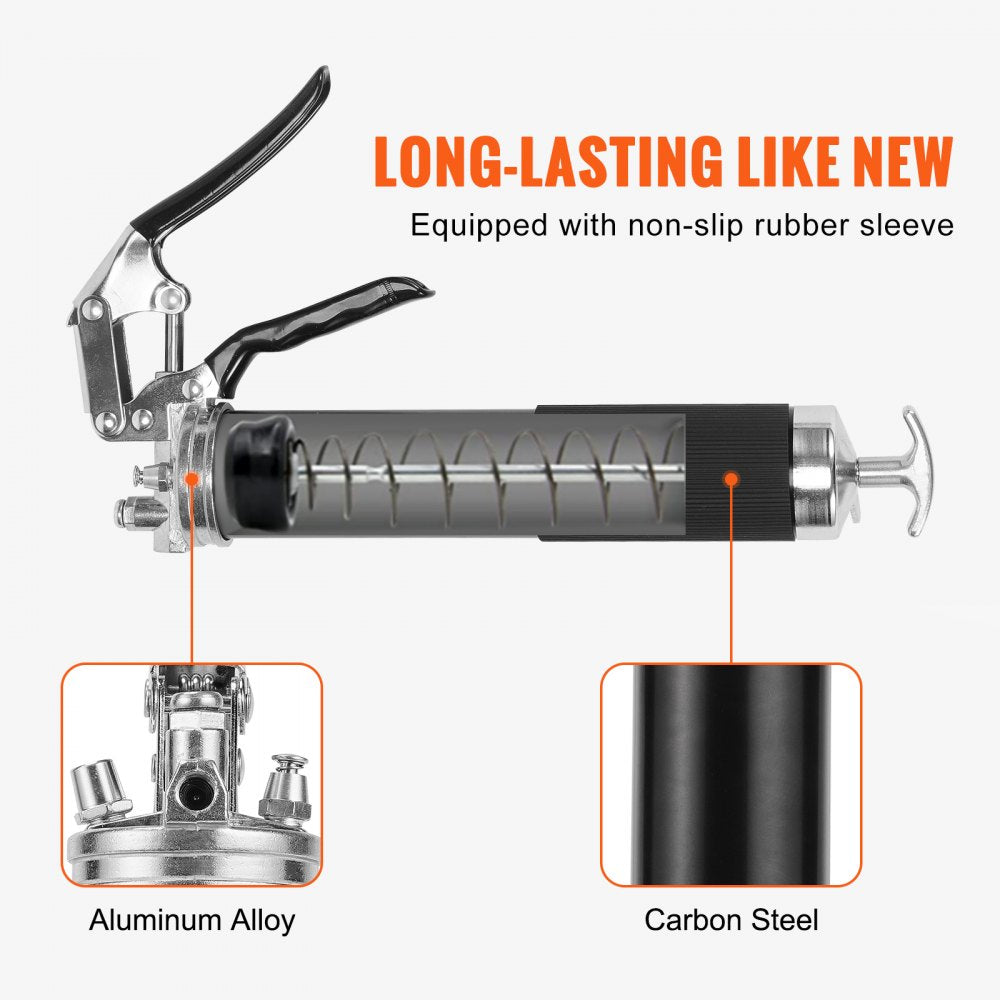 VEVOR Pistol Grip Grease Gun, 6000 PSI, 14 OZ / 400 CC Capacity Heavy Duty Professional Grease Gun, with 19.69 Inch Flexible Hose 2 Black Flat Couplers, 1 Pointed Coupler, and 2 Rigid Metal Pipe 