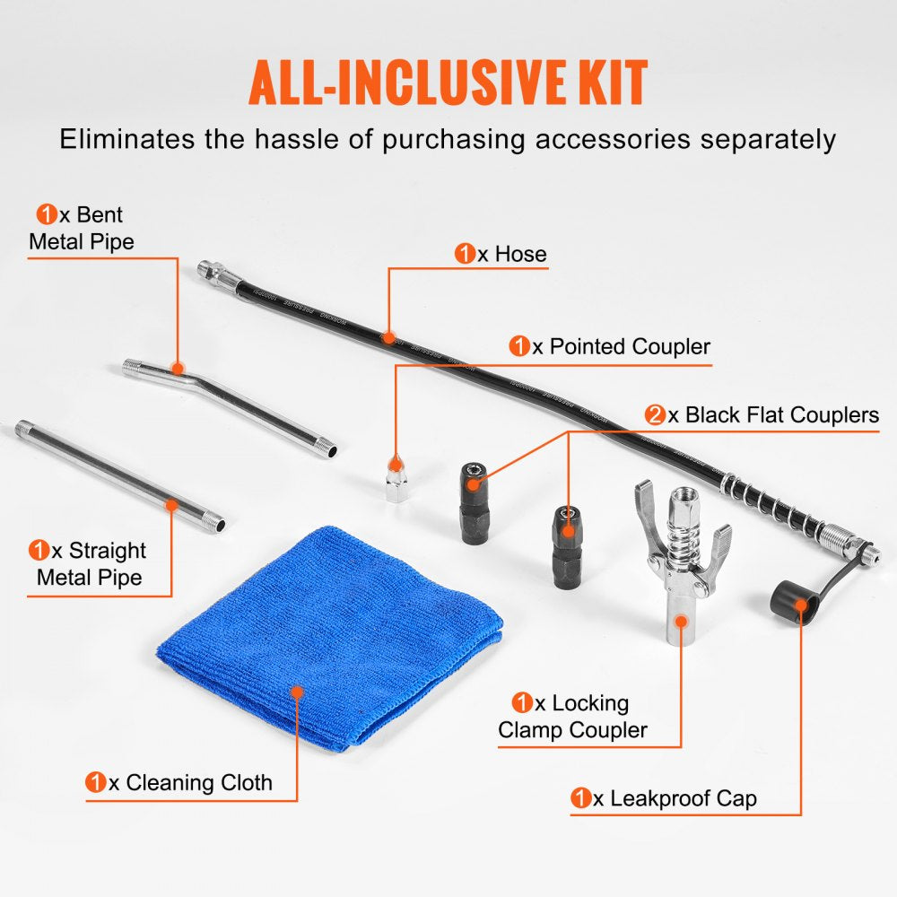 VEVOR Pistol Grip Grease Gun, 6000 PSI, 14 OZ / 400 CC Capacity Heavy Duty Professional Grease Gun, with 19.69 Inch Flexible Hose 2 Black Flat Couplers, 1 Pointed Coupler, and 2 Rigid Metal Pipe 