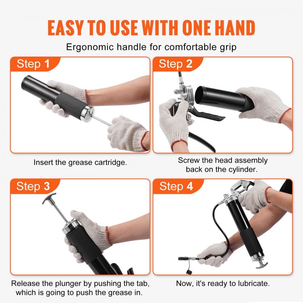 VEVOR Pistol Grip Grease Gun, 6000 PSI, 14 OZ / 400 CC Capacity Heavy Duty Professional Grease Gun, with 19.69 Inch Flexible Hose 2 Black Flat Couplers, 1 Pointed Coupler, and 2 Rigid Metal Pipe 