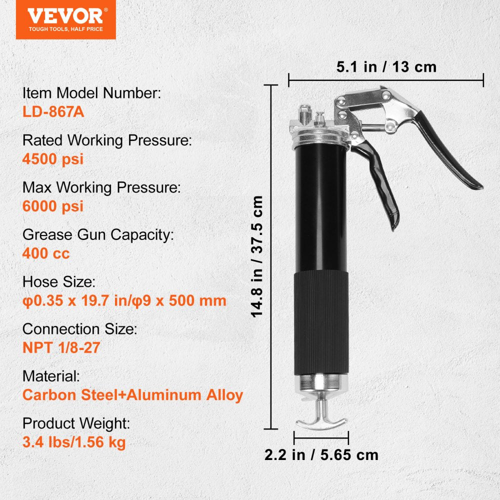 VEVOR Pistol Grip Grease Gun, 6000 PSI, 14 OZ / 400 CC Capacity Heavy Duty Professional Grease Gun, with 19.69 Inch Flexible Hose 2 Black Flat Couplers, 1 Pointed Coupler, and 2 Rigid Metal Pipe 