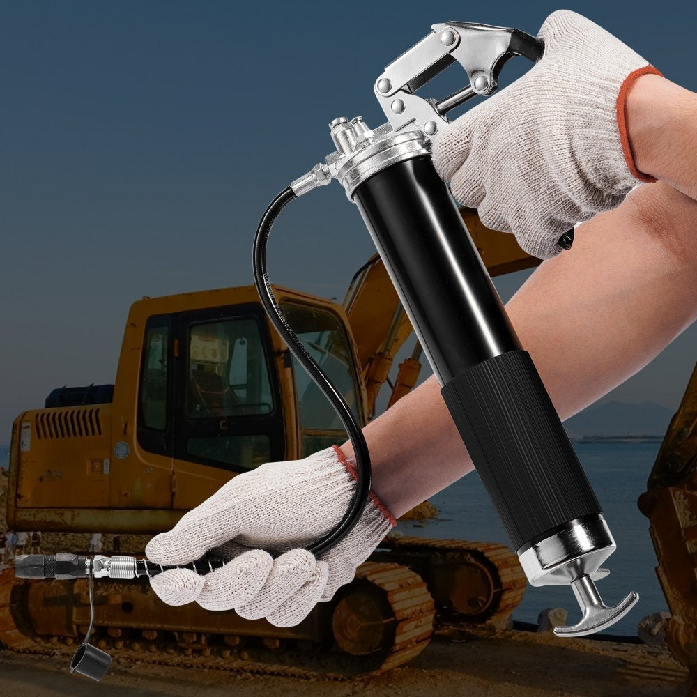 VEVOR Pistol Grip Grease Gun, 6000 PSI, 14 OZ / 400 CC Capacity Heavy Duty Professional Grease Gun, with 19.69 Inch Flexible Hose 2 Black Flat Couplers, 1 Pointed Coupler, and 2 Rigid Metal Pipe 