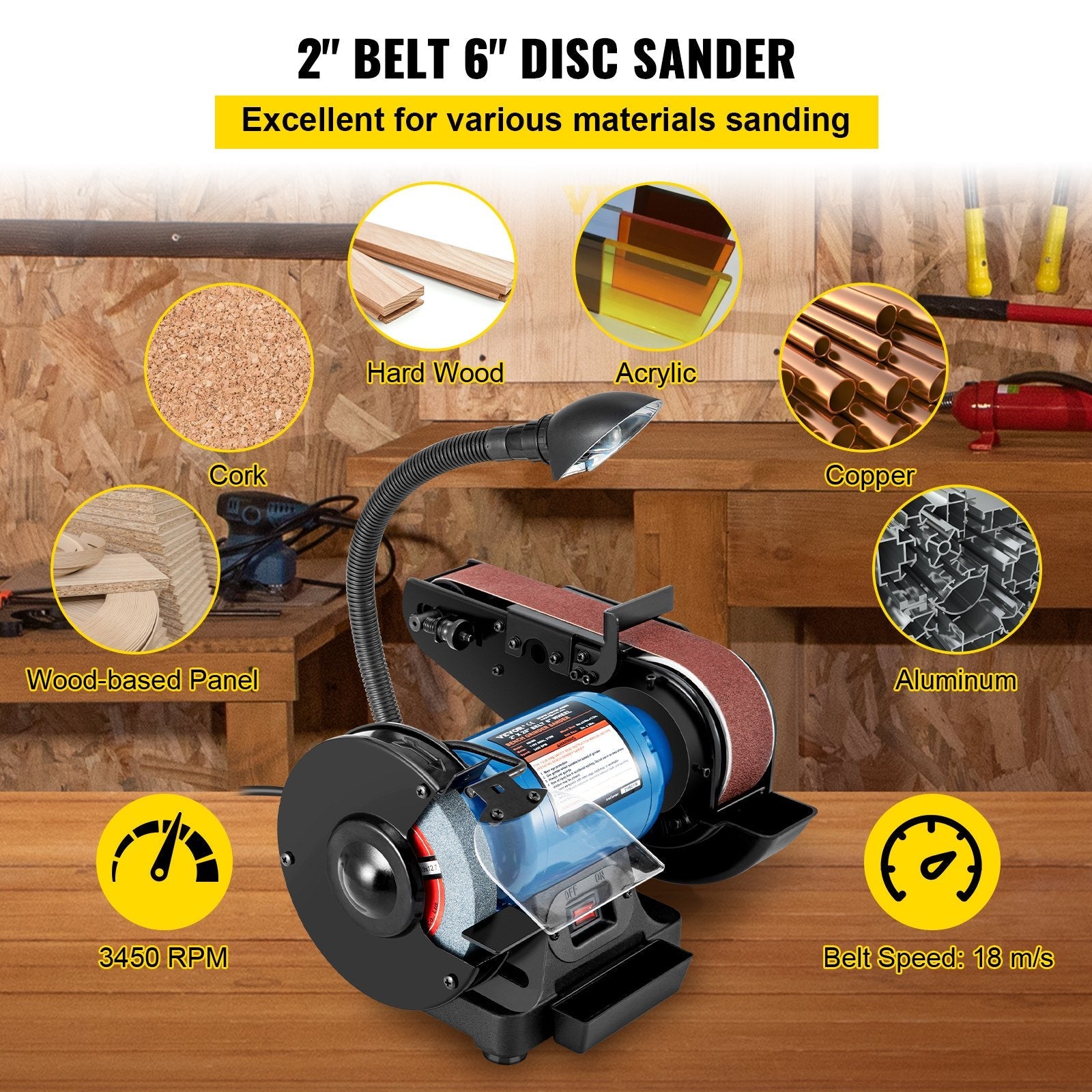 VEVOR 2 IN 1 2inch Belt Grinder for Knife Making 6inch 3450rpm per min Belt and Disc Bench Sander 90 Degree Belt Holder with Sturdy Base and LED Working Lamp 