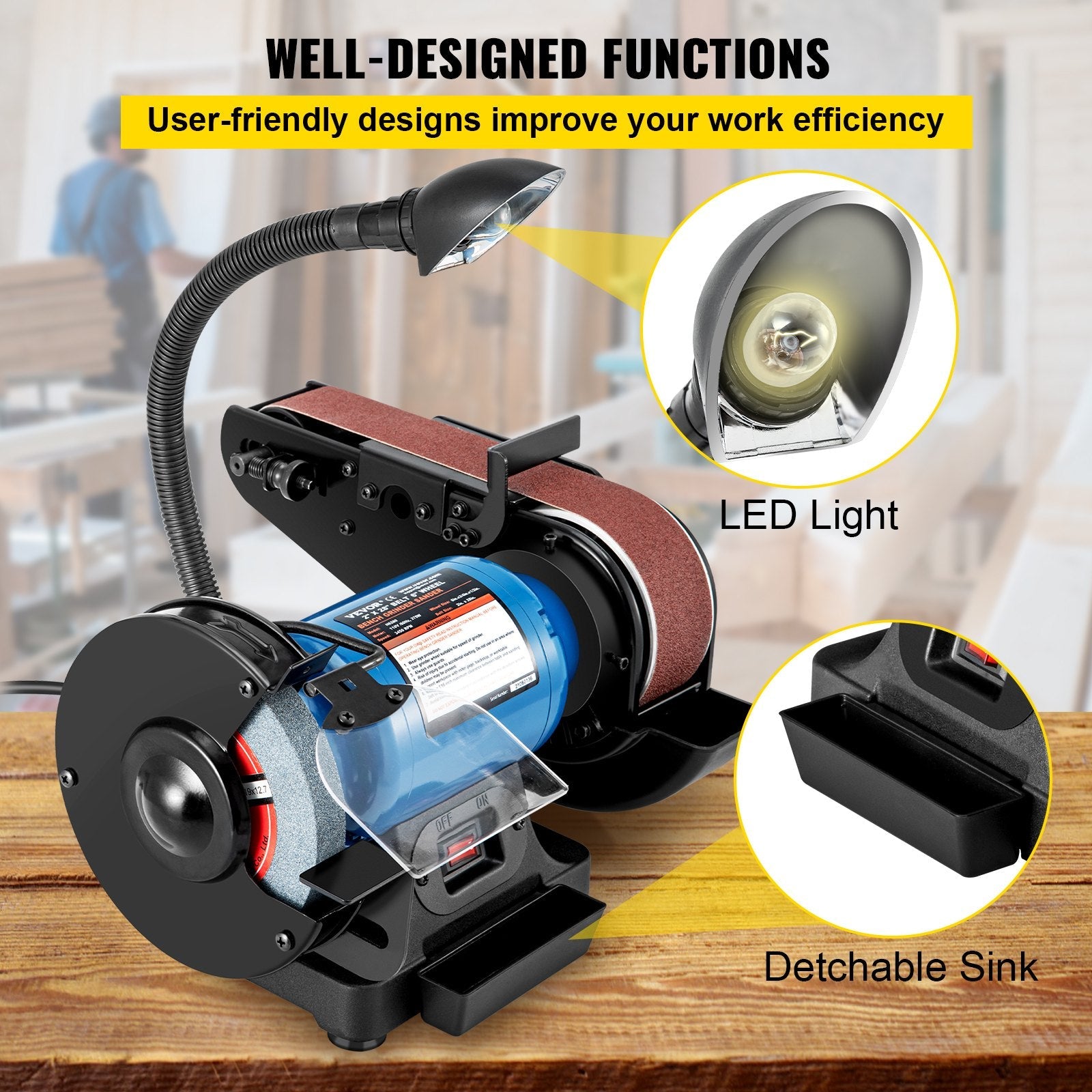 VEVOR 2 IN 1 2inch Belt Grinder for Knife Making 6inch 3450rpm per min Belt and Disc Bench Sander 90 Degree Belt Holder with Sturdy Base and LED Working Lamp 