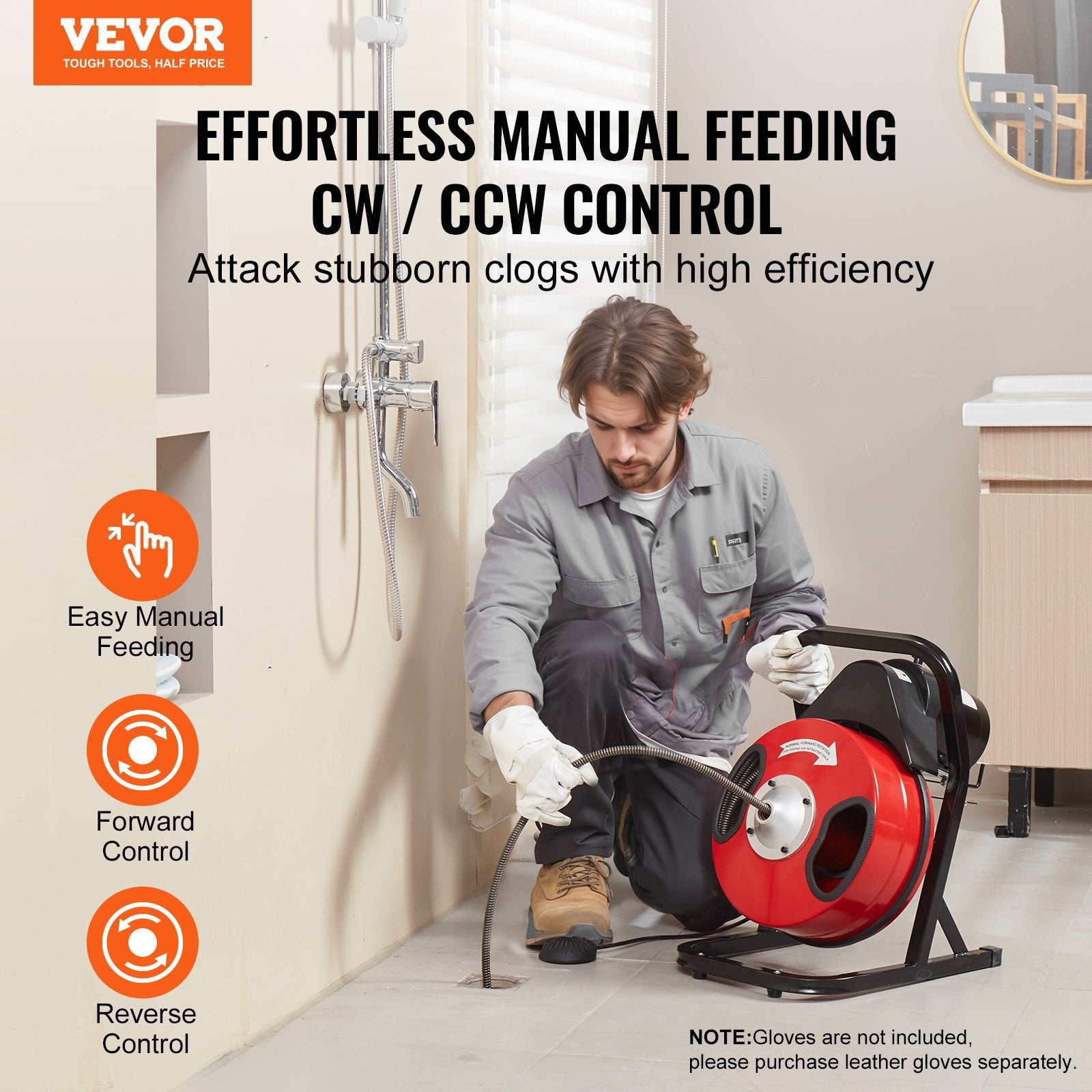 VEVOR Drain Cleaner Machine 50FT x 1/2Inch Manual Feed Snake Auger with 4 Cutter 