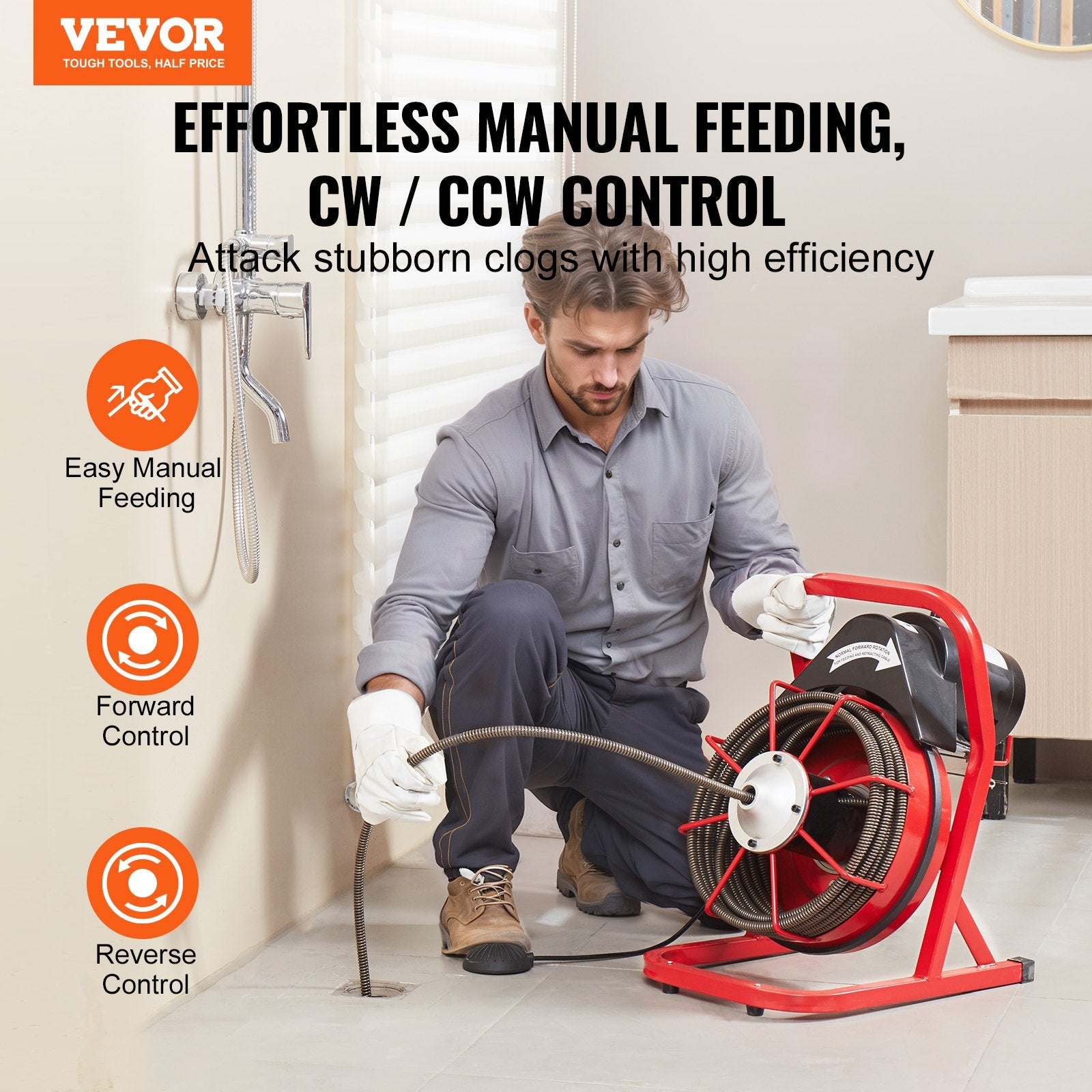 VEVOR Drain Cleaner Machine Drain Auger 50FT x 1/2 Inch Manual Feed & 4 Cutters 