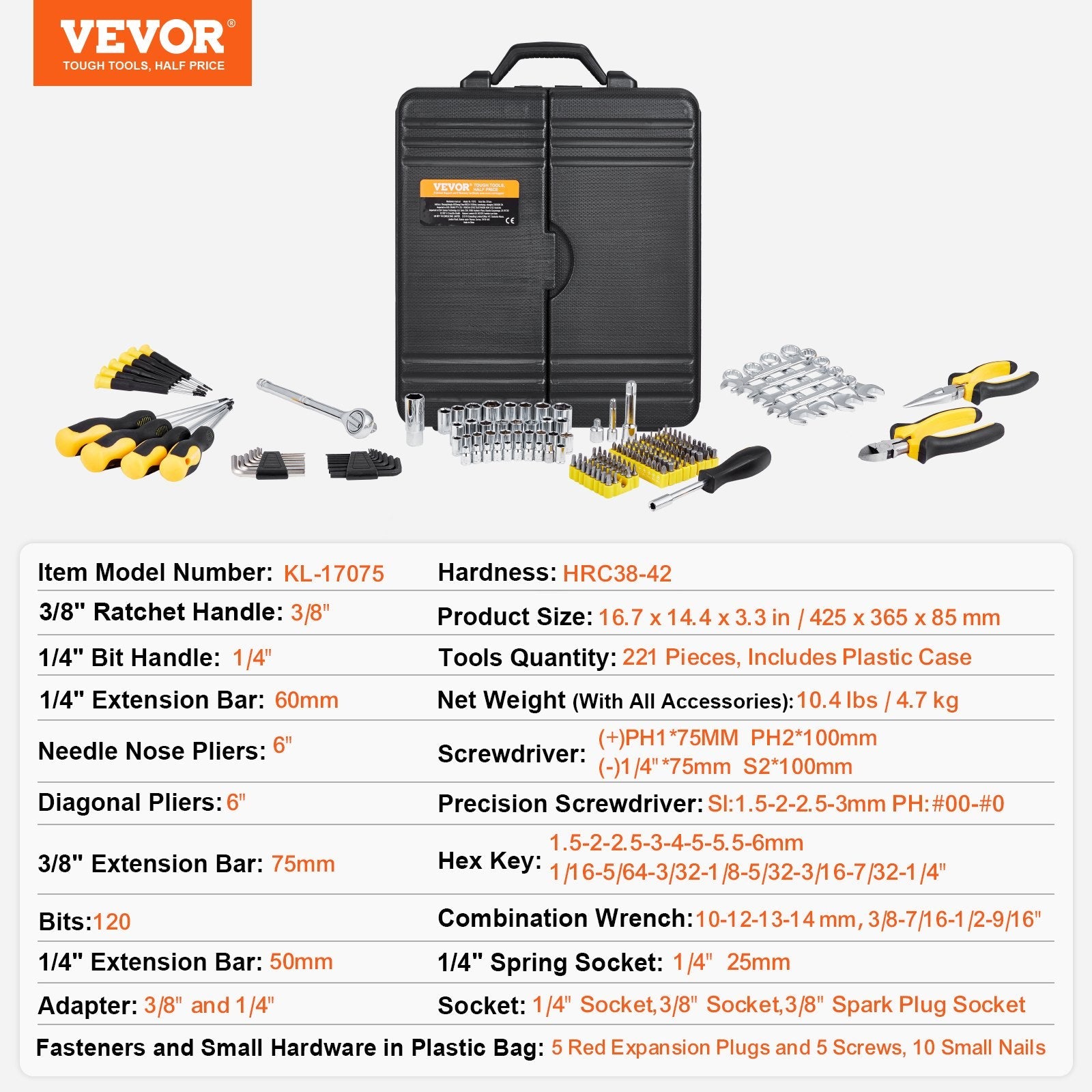VEVOR 221-Piece Mechanics Tool Set 1/4" and 3/8" Drive Sockets SAE and Metric 