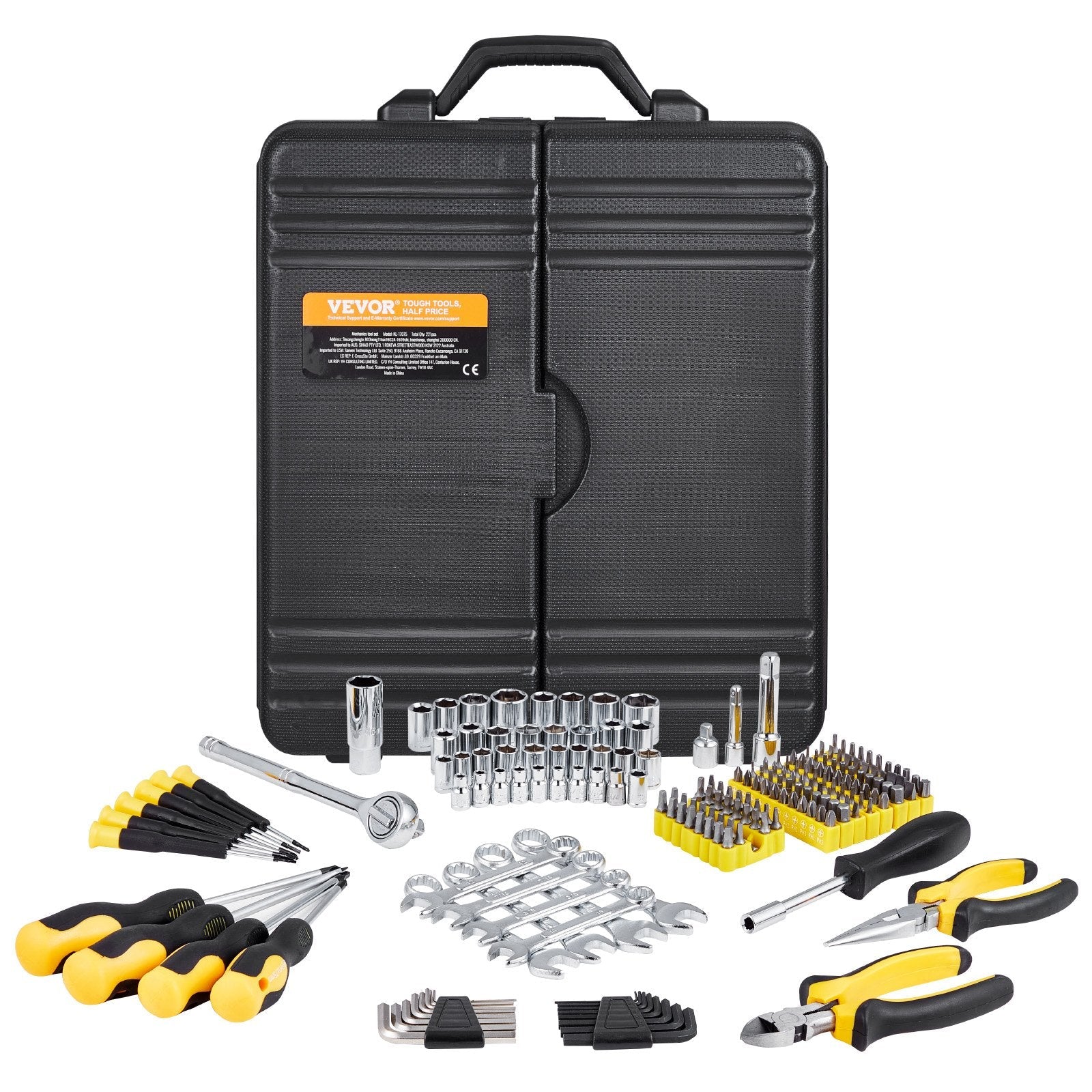 VEVOR 221-Piece Mechanics Tool Set 1/4" and 3/8" Drive Sockets SAE and Metric 