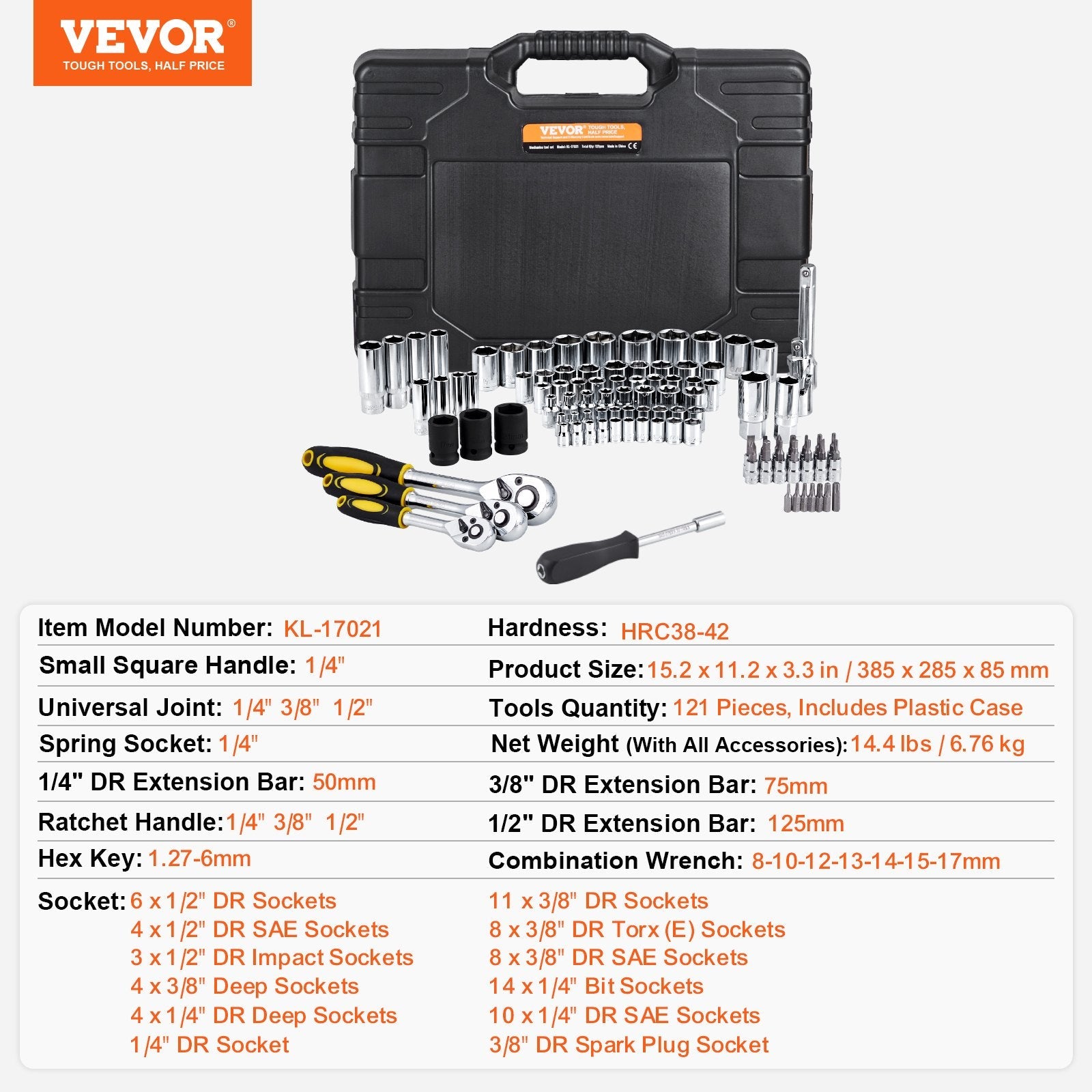 VEVOR 121-Piece Mechanics Tool Set 1/4" 3/8" 1/2" Drive Sockets SAE and Metric 
