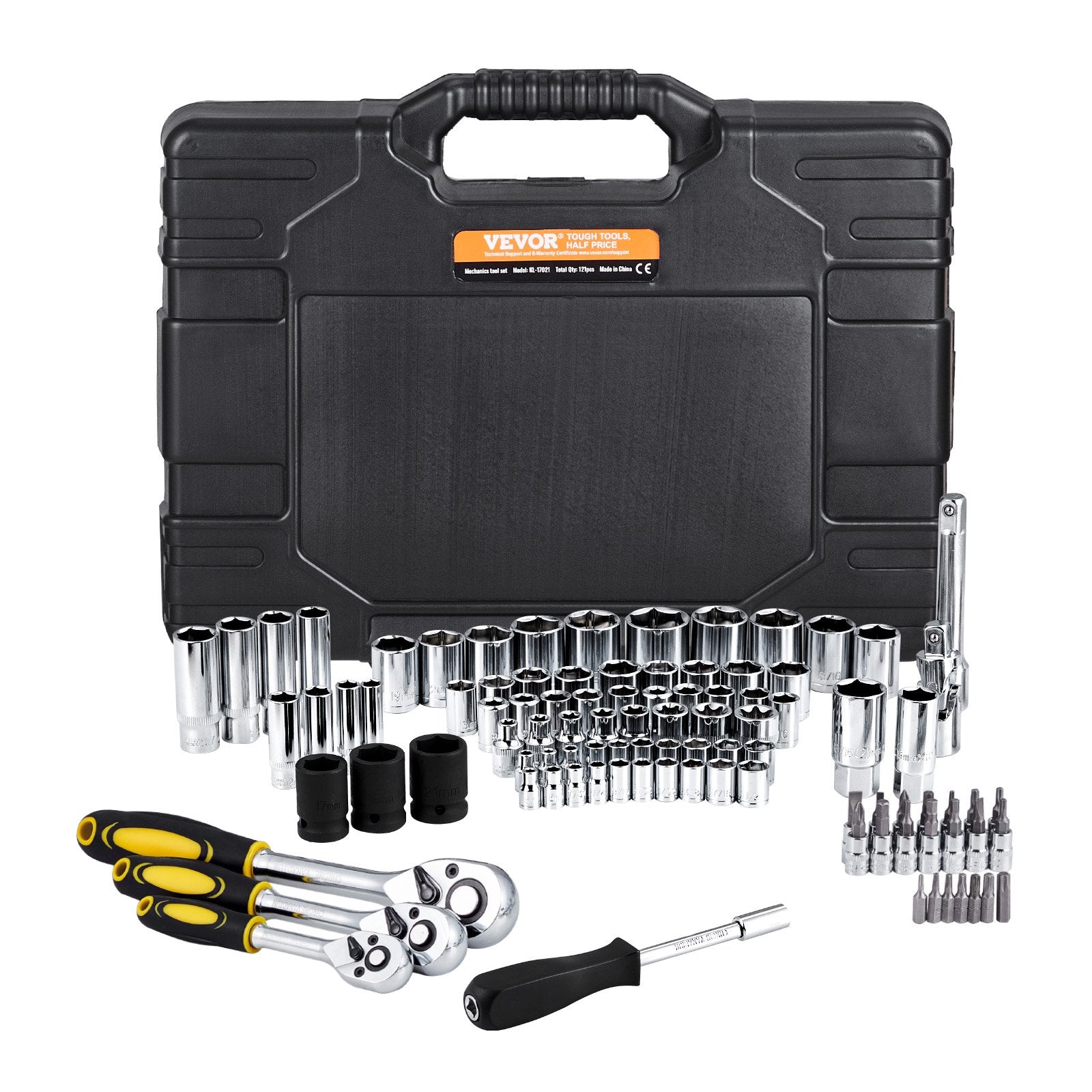 VEVOR 121-Piece Mechanics Tool Set 1/4" 3/8" 1/2" Drive Sockets SAE and Metric 