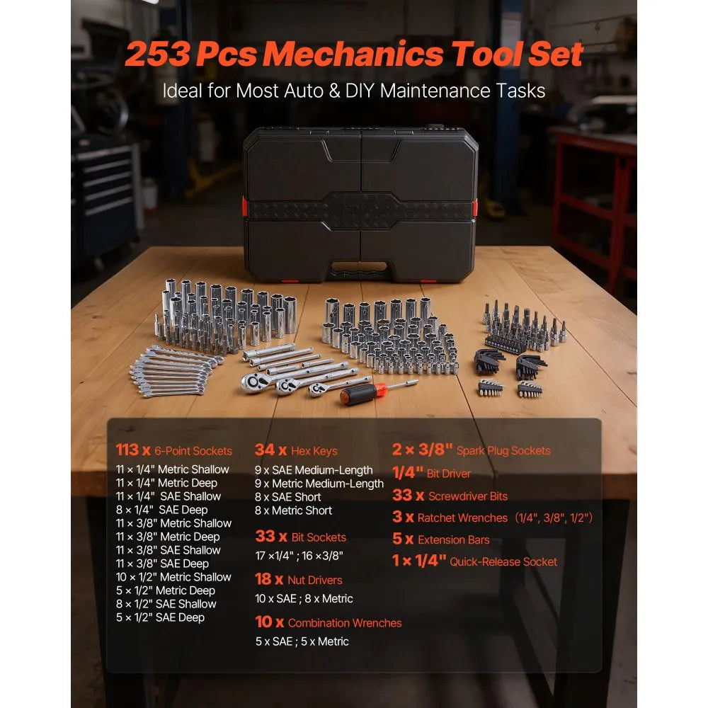 VEVOR 253-Piece Mechanics Tool Set, 1/4", 3/8" & 1/2" Drive SAE & Metric Socket Set with Wrenches & Bits