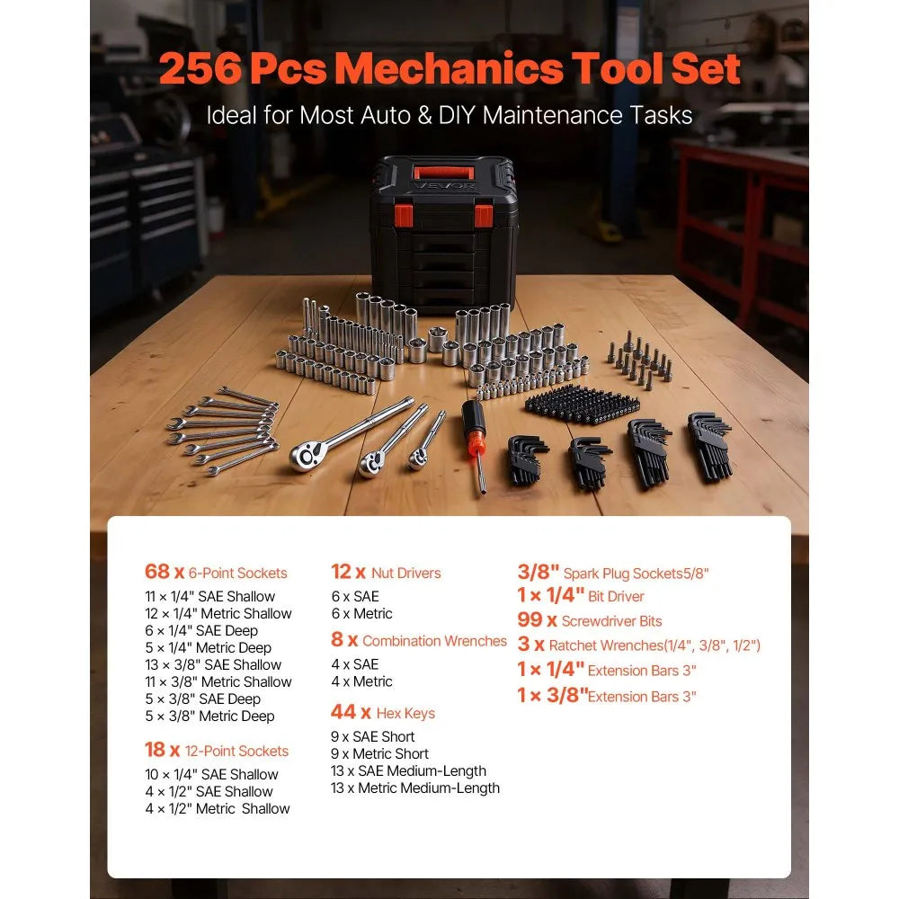 VEVOR 256-Piece Mechanics Tool Set, 1/4", 3/8" & 1/2" Drive SAE & Metric Socket and Wrench Kit