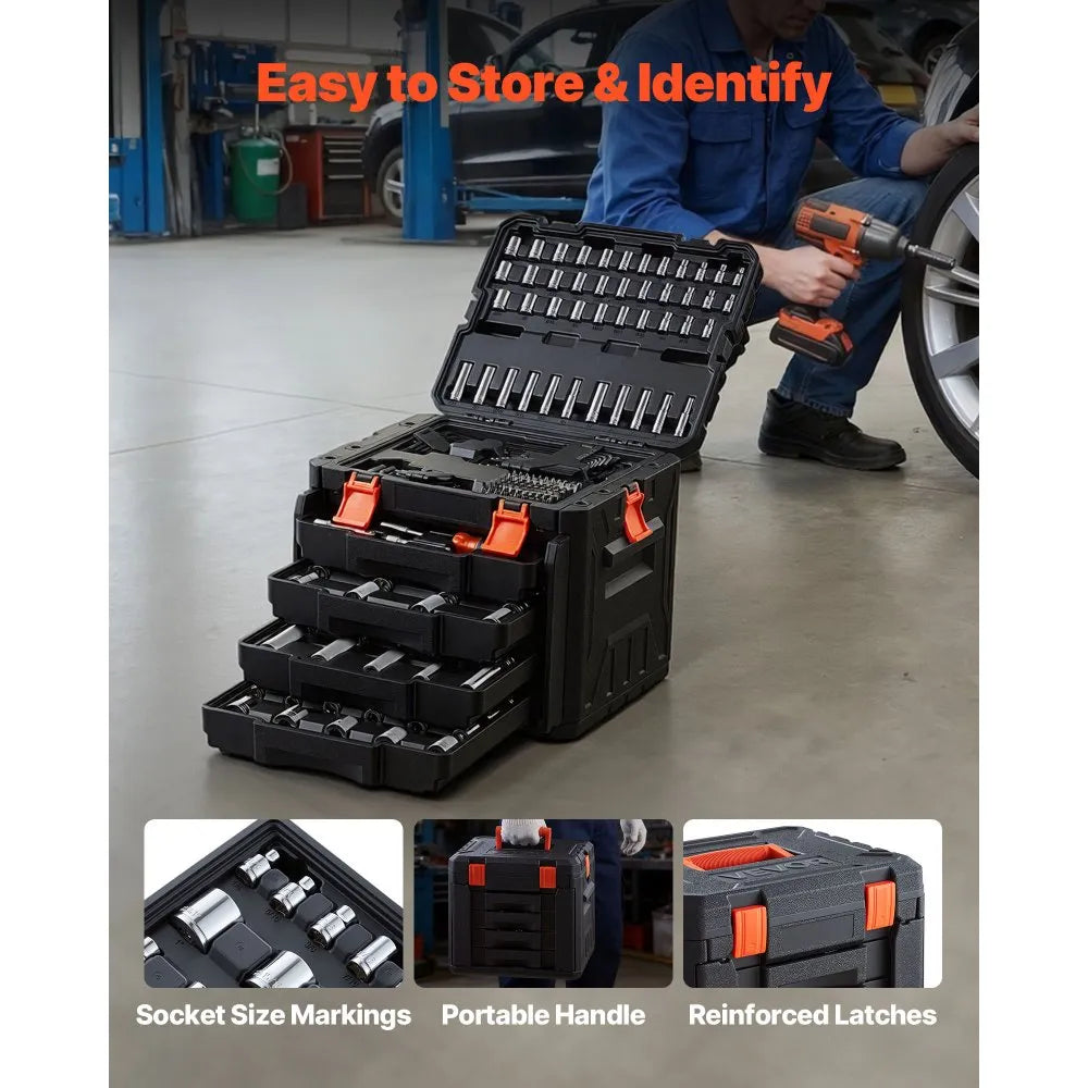 VEVOR 256-Piece Mechanics Tool Set, 1/4", 3/8" & 1/2" Drive SAE & Metric Socket and Wrench Kit