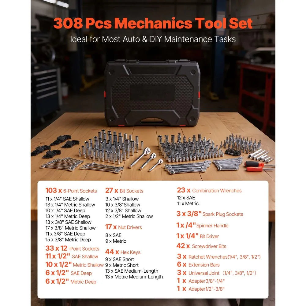 VEVOR 308-Piece Mechanic Tool Set, 1/4", 3/8" & 1/2" Drive SAE & Metric Socket and Wrench Kit