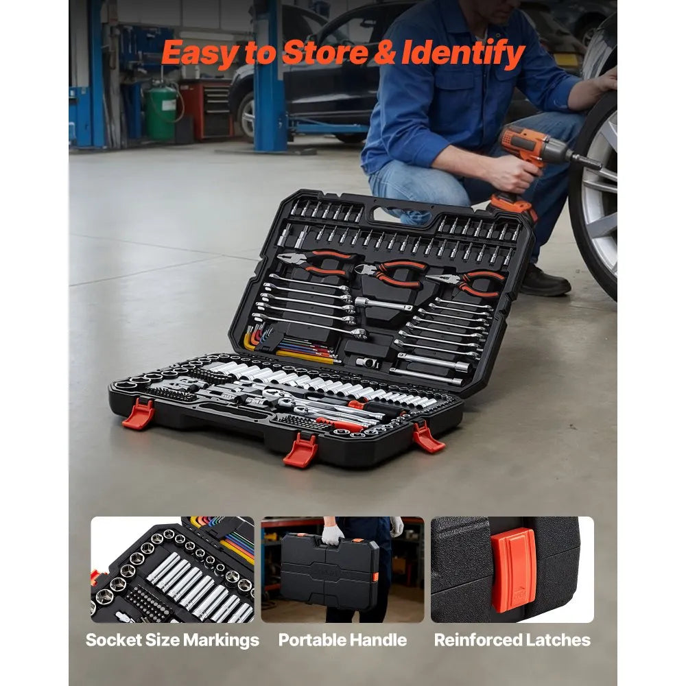 VEVOR 314-Piece Mechanics Tool Set, 1/4", 3/8" & 1/2" Drive Metric Socket and Wrench Kit
